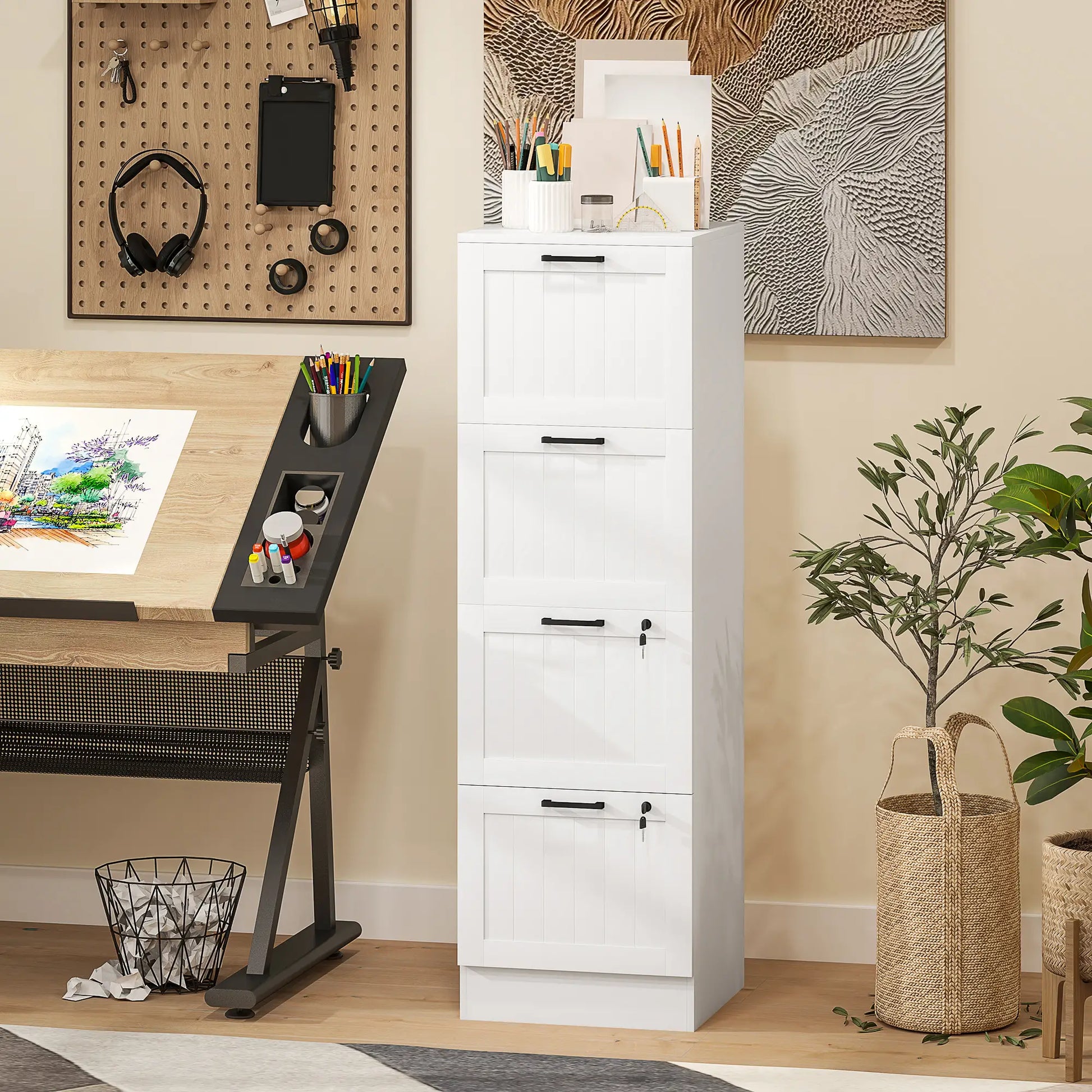 4 Drawer Filing Cabinet with Lock, Office Storage, A4 Letter Size, White Office Cabinets & Cupboards at Gallery Canada