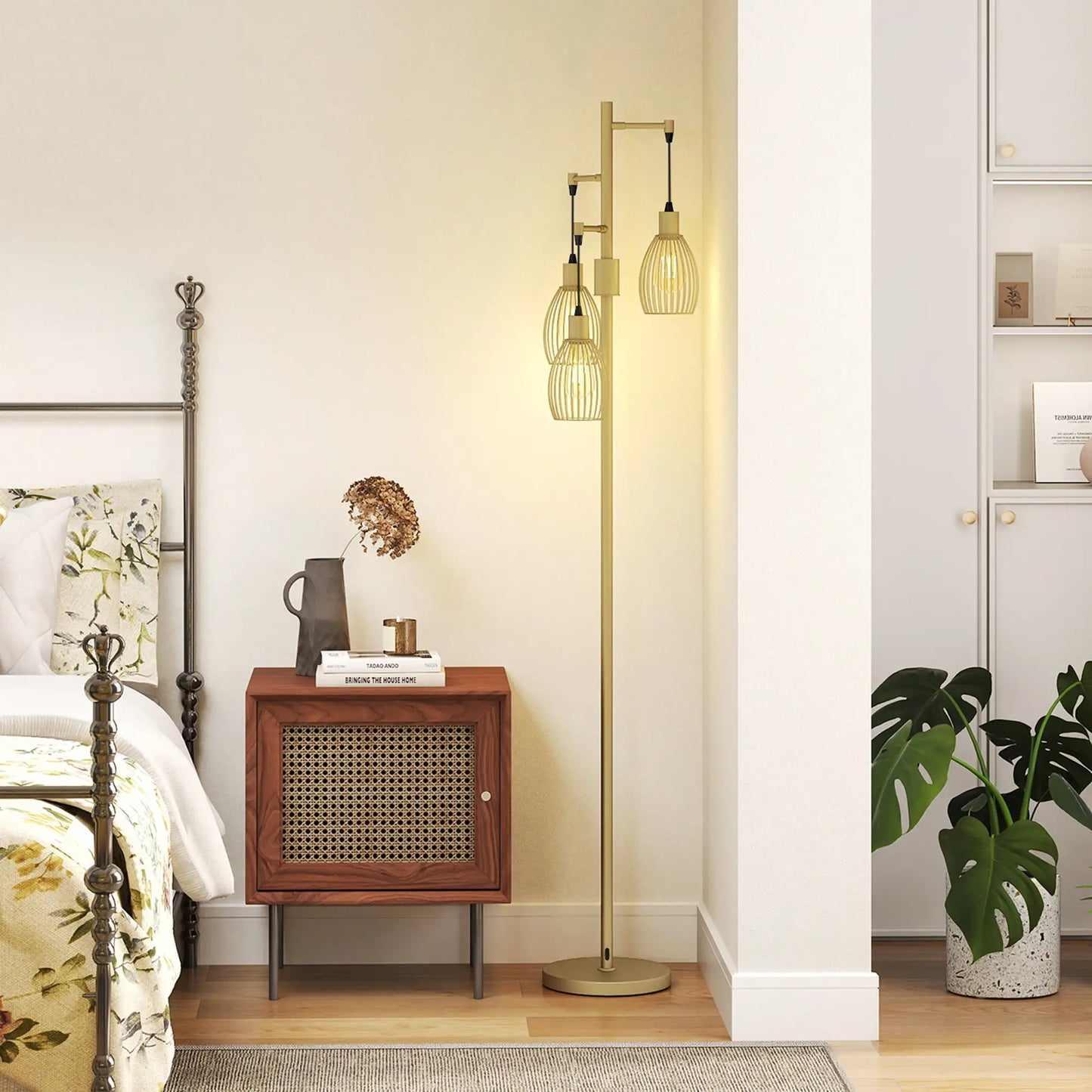 Industrial Floor Lamp, 3 Hanging Wire Lampshades, Dimmable, Gold Floor Lamps & Ceiling Fan Lights at Gallery Canada