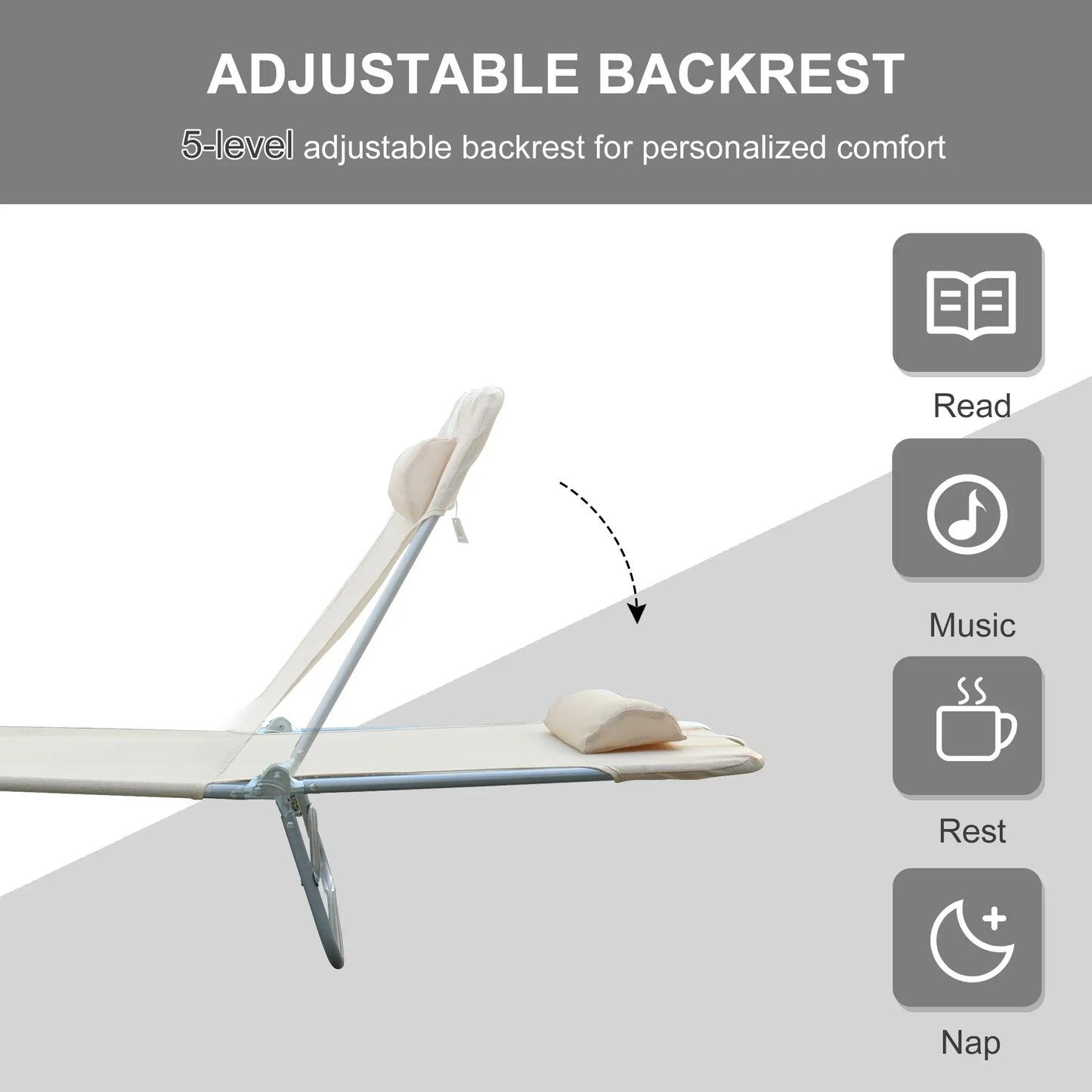 Outdoor Lounge Chair, Adjustable Reclining Folding Chaise, Beige Lounger Chairs at Gallery Canada
