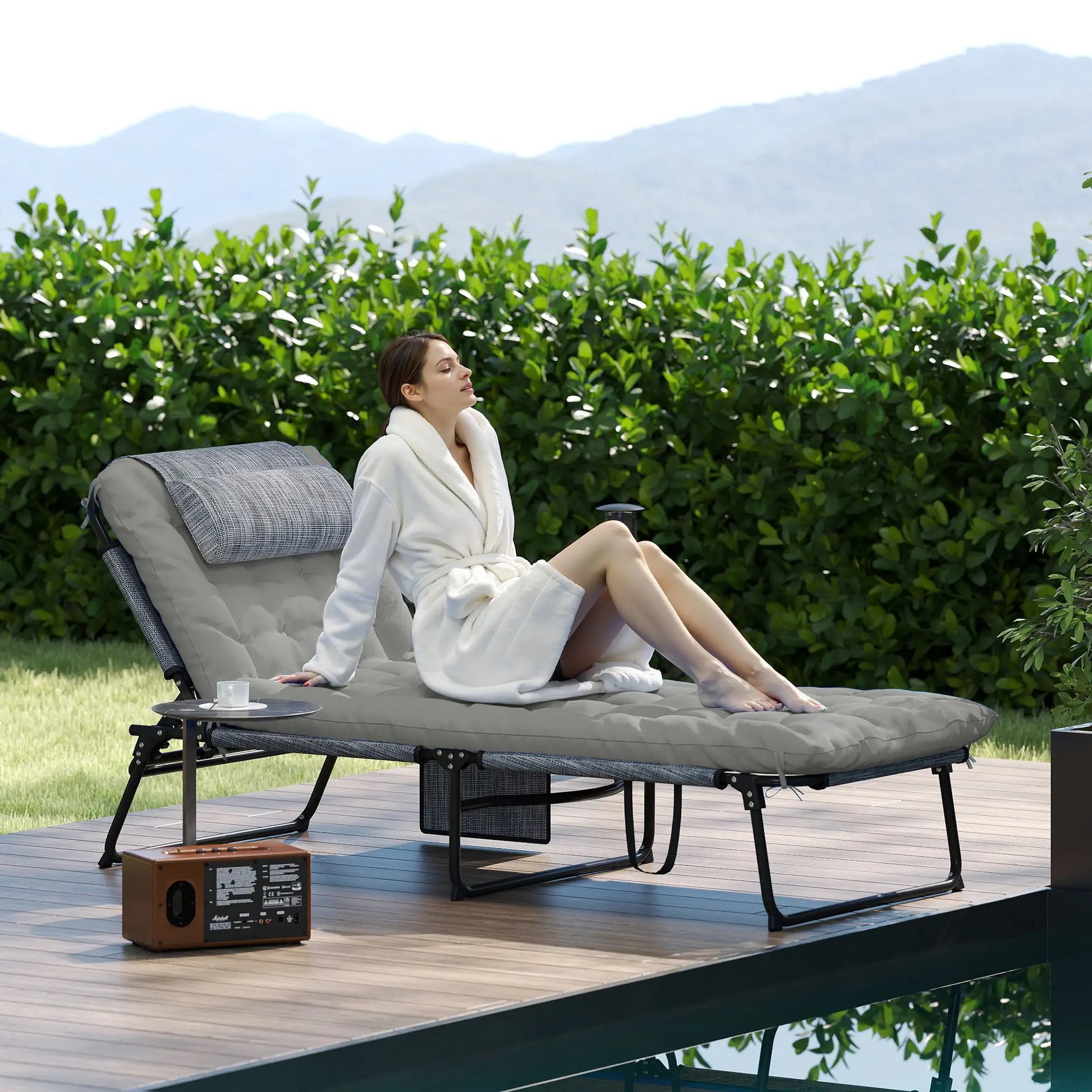 Folding Lounge Chair, 4-Level Reclining Back, Cushion, Grey Lounger Chairs at Gallery Canada