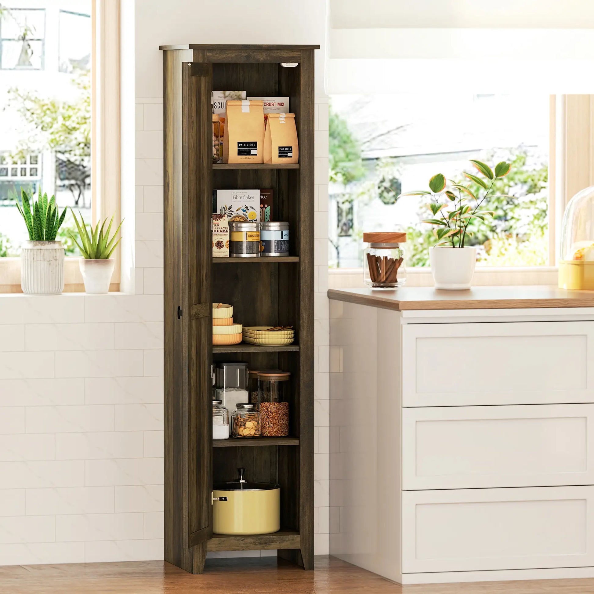 67" Farmhouse Kitchen Pantry Cabinet, Adjustable Shelves, Brown Kitchen Pantry Cabinets at Gallery Canada