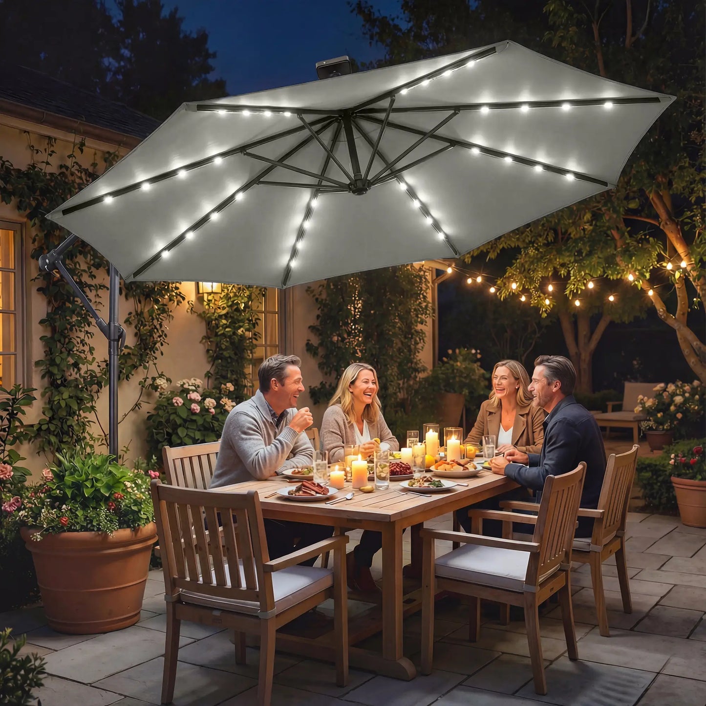 9.7 ft Cantilever Patio Umbrella, Solar Light, Tilt Crank, Grey Offset Cantilever Umbrellas at Gallery Canada