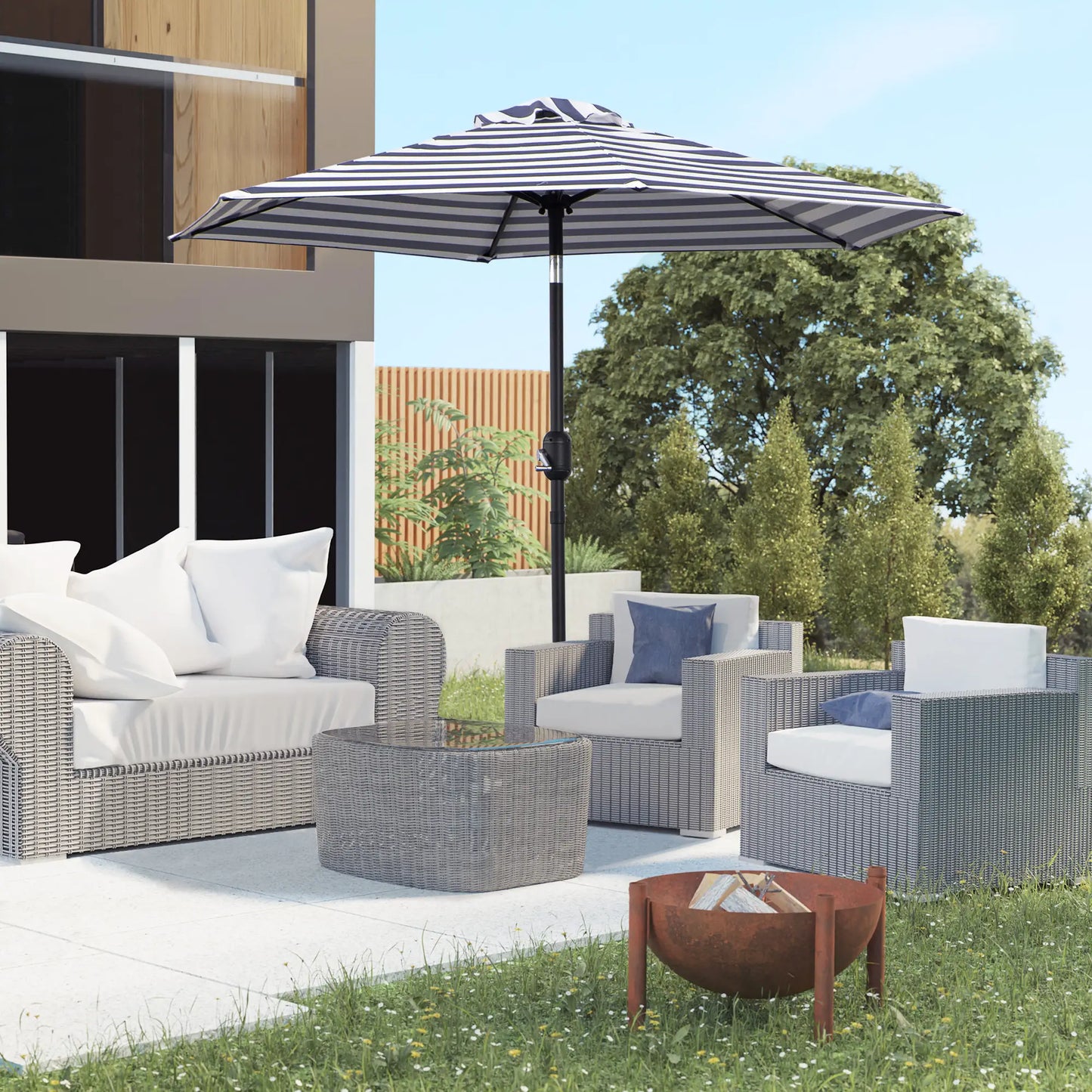 Outdoor Patio Sun Umbrella, 6 Ribs, Stripes, Blue Patio Umbrellas at Gallery Canada