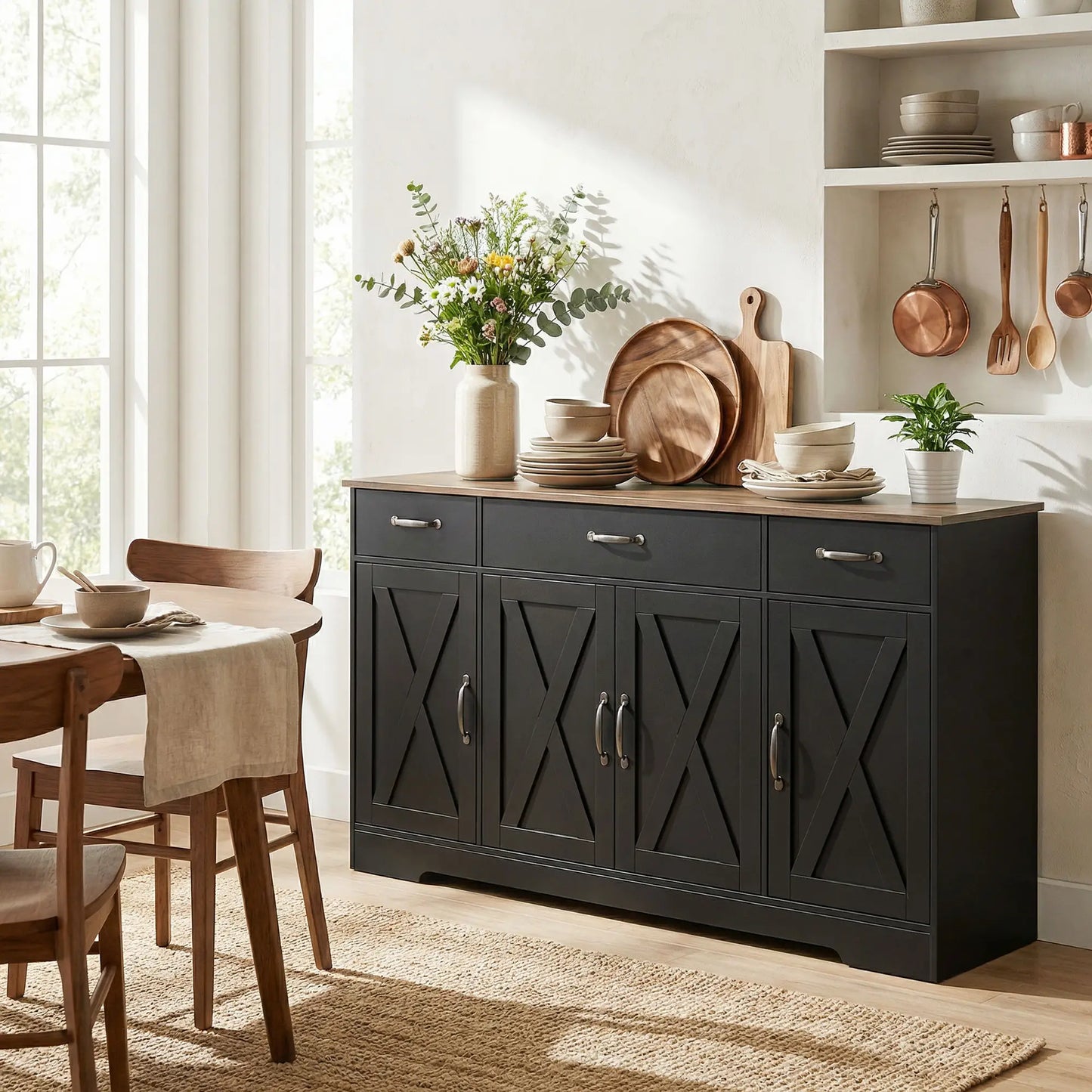 55" Sideboard Buffet Cabinet, Farmhouse Kitchen, 4 Barn Doors, 3 Drawers, Black Bar Cabinets at Gallery Canada