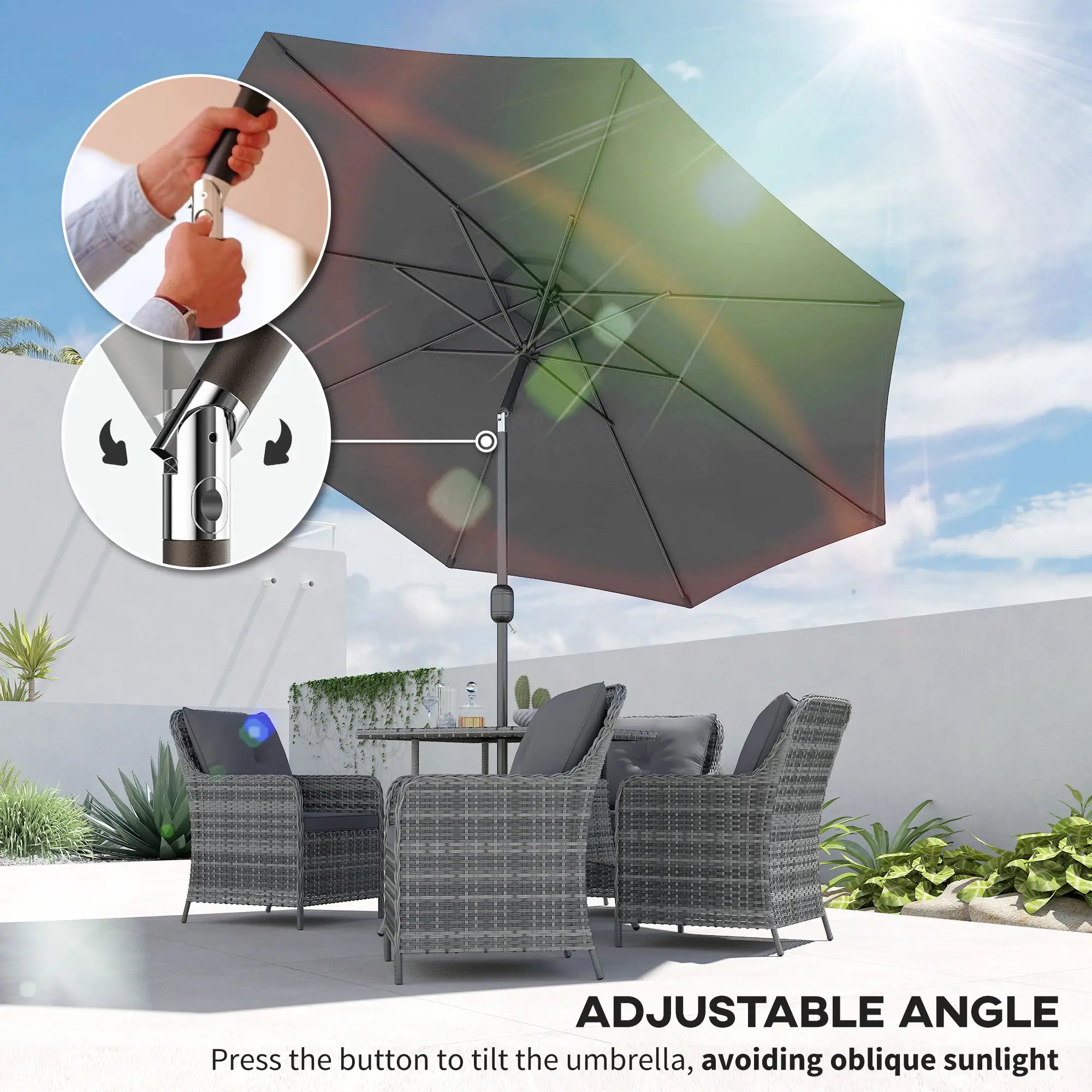 10' x 8' Round Market Umbrella, Crank Handle, Tilt, Grey Sun Umbrellas at Gallery Canada