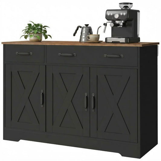 43" Sideboard Buffet Cabinet, 3 Barn Doors, 2 Drawers, Black Bar Cabinets Black, Dark Brown at Gallery Canada