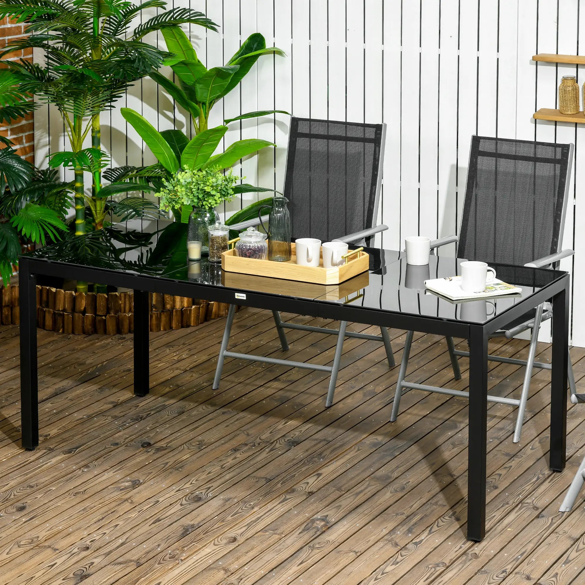 Rectangular Outdoor Dining Table For 8, Tempered Glass Top, Aluminum Frame, 70.9