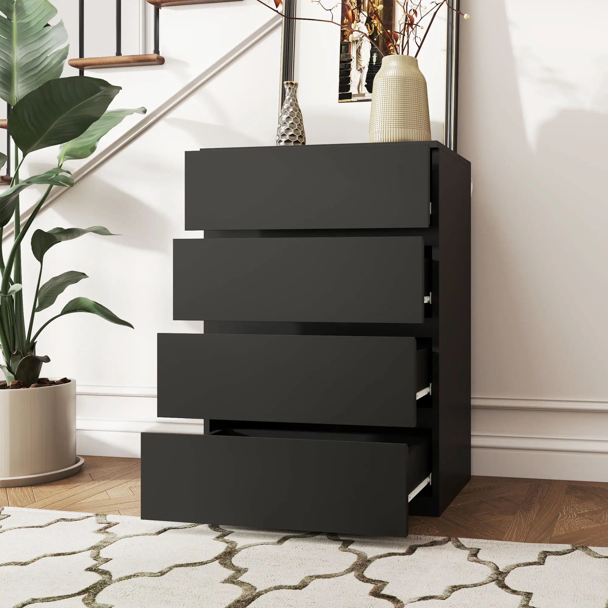 4 Drawer Chest, Freestanding Storage Unit, Black Storage Cabinets at Gallery Canada