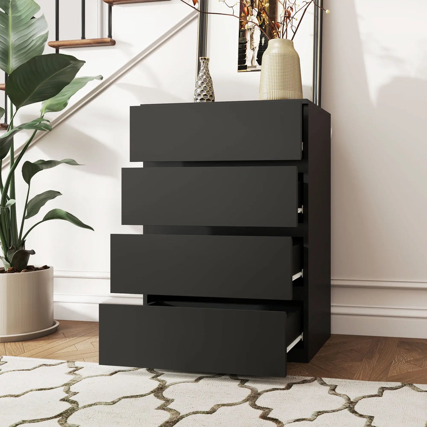 4 Drawer Chest, Freestanding Storage Unit, Black Storage Cabinets at Gallery Canada