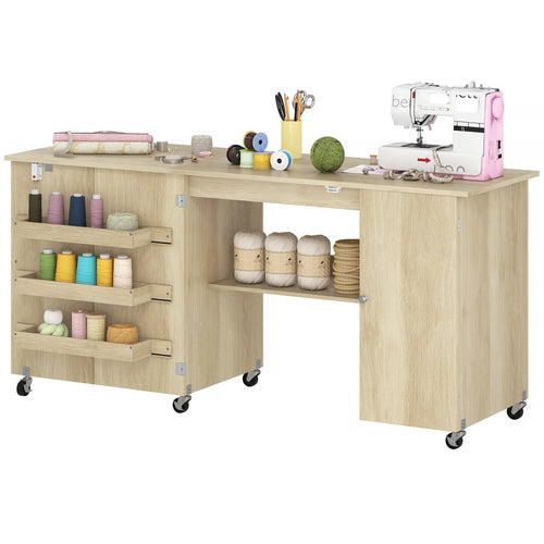 Sewing Machine Table, Drop Leaf, 2 Doors, Adjustable Shelf, Natural