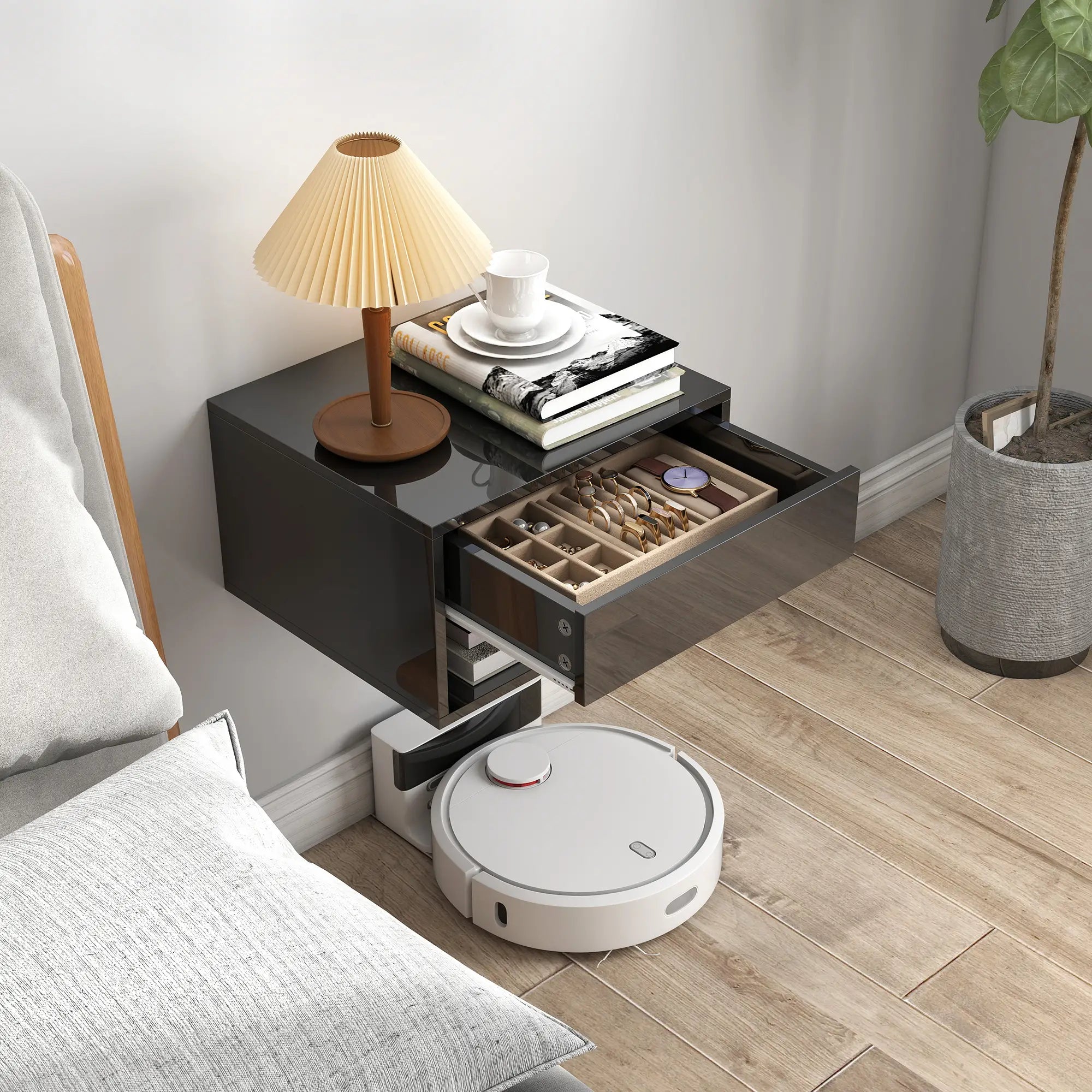 Floating Bedside Tables, Wall-Mounted Nightstand, High Gloss Black Bedside Tables at Gallery Canada