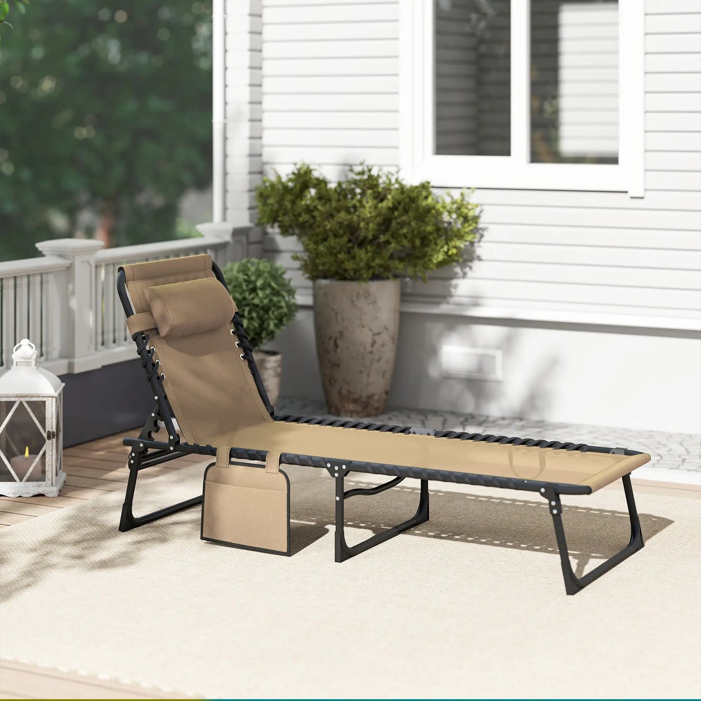 Outdoor Folding Chaise Lounge, Adjustable Backrest, Removable Pillow, Beige Lounger Chairs at Gallery Canada