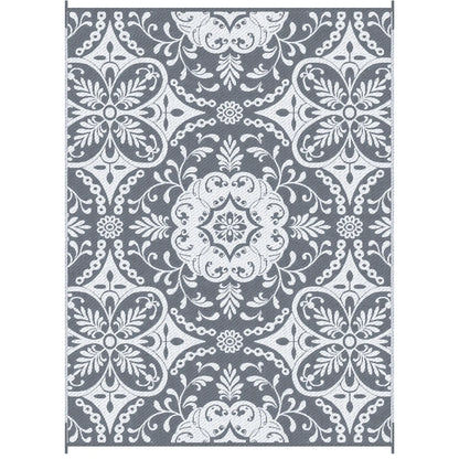 Tapis Extérieur Portable, 9' x 12', Imperméable, Fleur Blanche, Gris