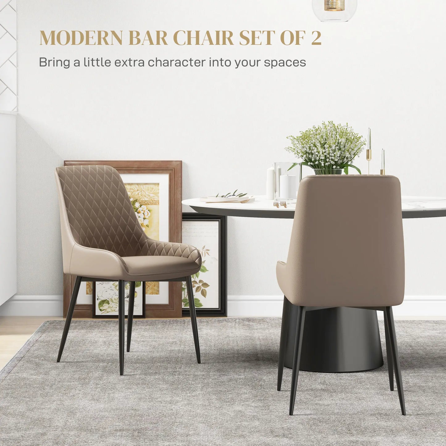Modern Dining Chairs Set of 2, PU Leather, Metal Legs, Khaki Dining Chairs at Gallery Canada