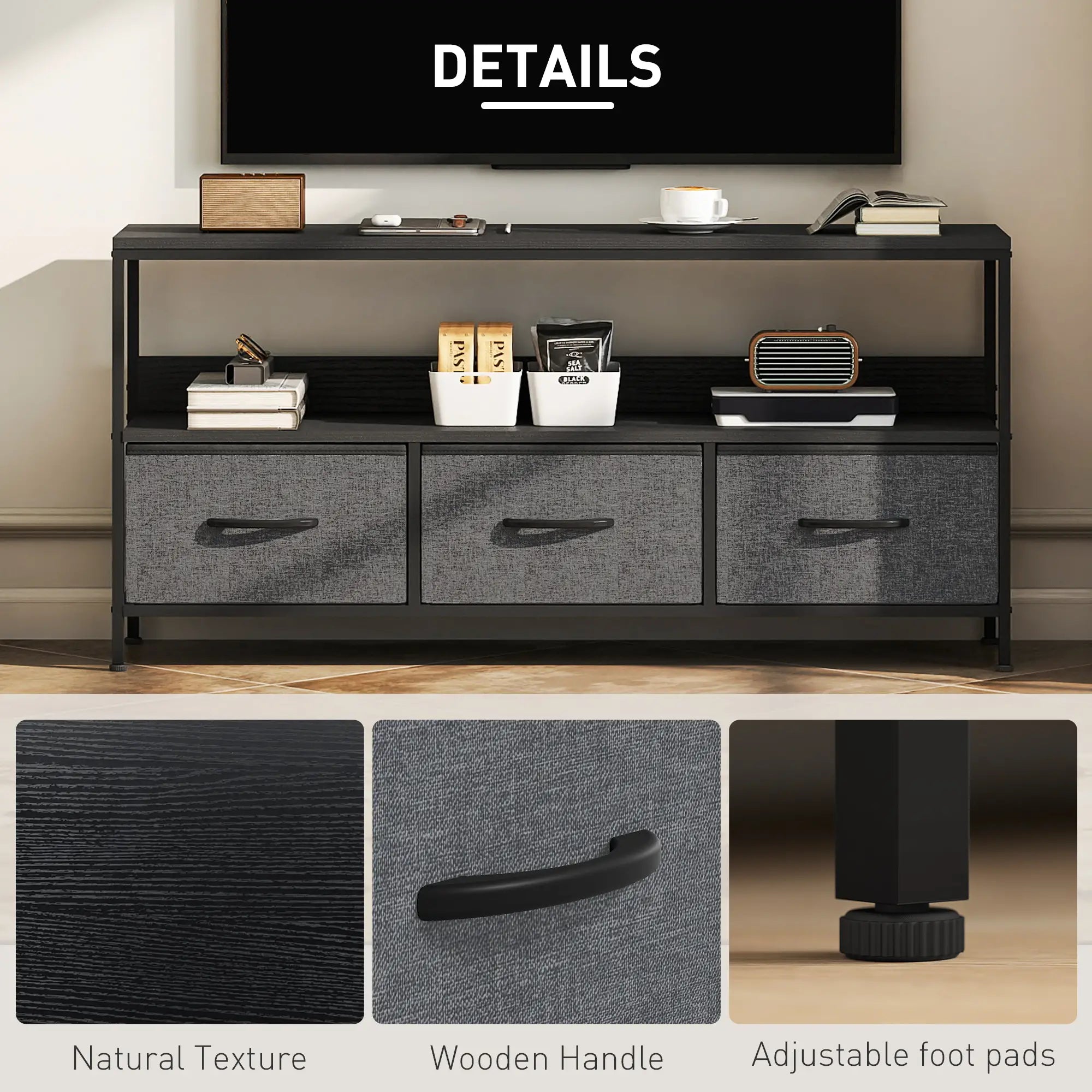 TV Stand with Charging Station, 3 Foldable Drawers, Open Shelf, 55 Inch, Black TV Stands at Gallery Canada