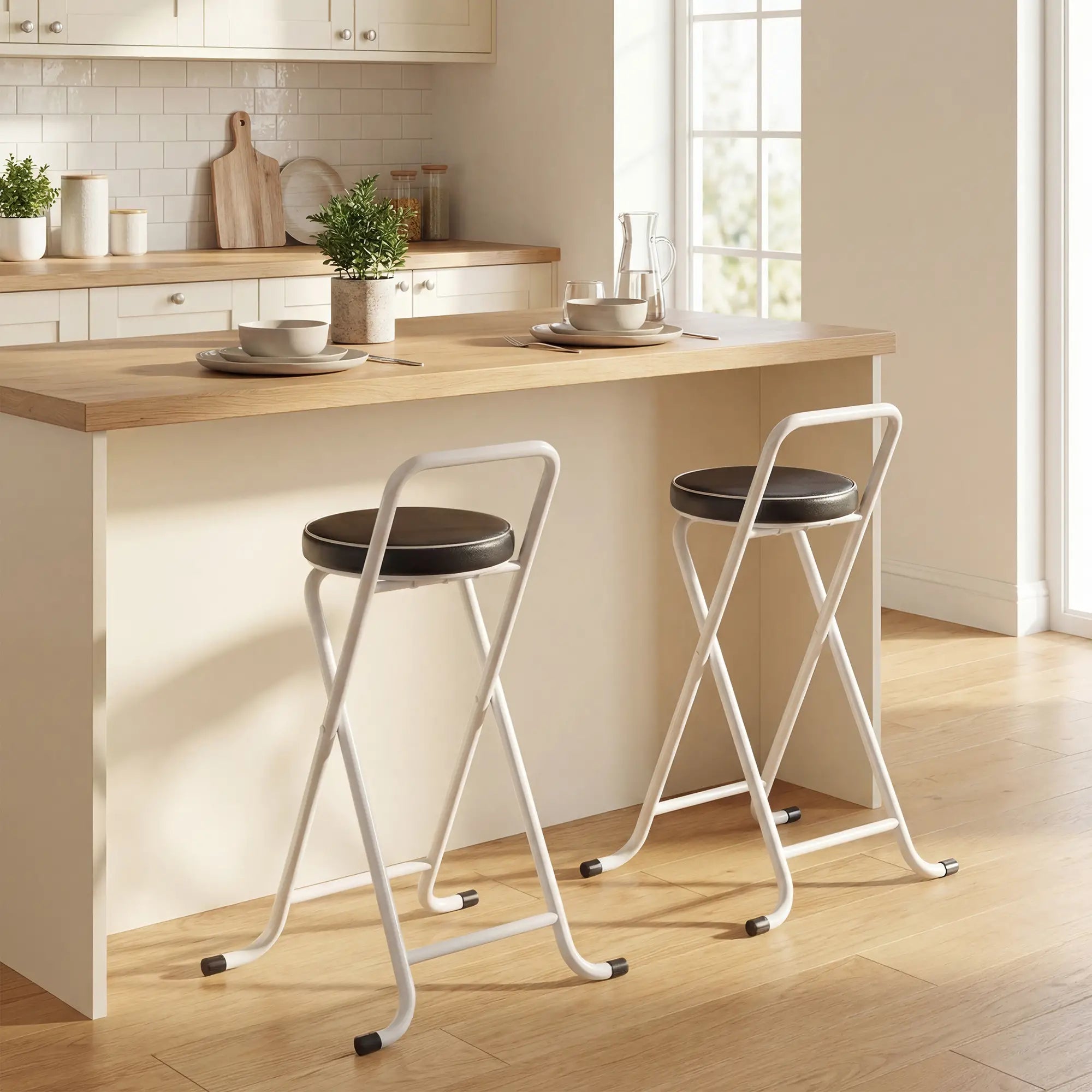 Foldable Bar Stools Set Of 2, PU Cushioned Seat, Footrest, Black Bar Stools at Gallery Canada