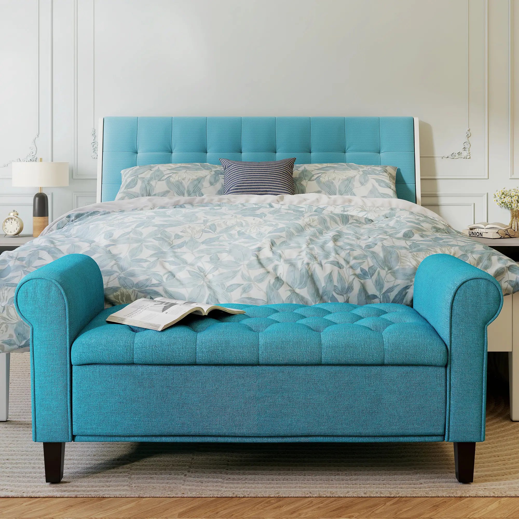 50 Inches Upholstered Storage Ottoman, Rolled Arms, Button Tufted, Teal Storage Ottomans & Benches at Gallery Canada