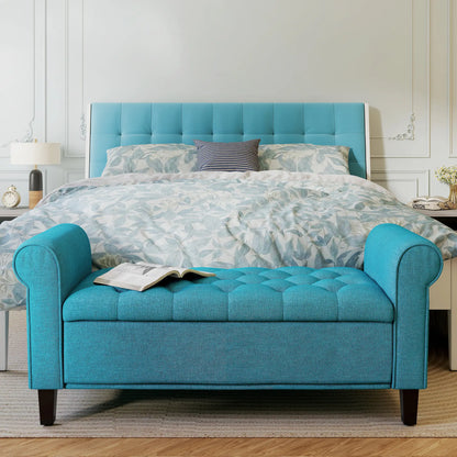 50 Inches Upholstered Storage Ottoman, Rolled Arms, Button Tufted, Teal Storage Ottomans & Benches at Gallery Canada
