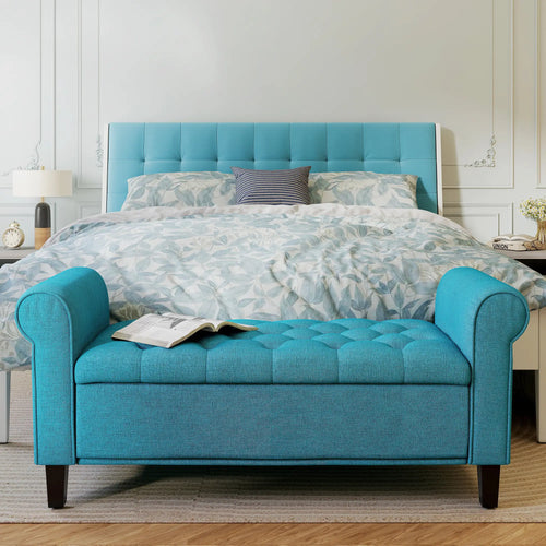 50 Inches Upholstered Storage Ottoman, Rolled Arms, Button Tufted, Teal