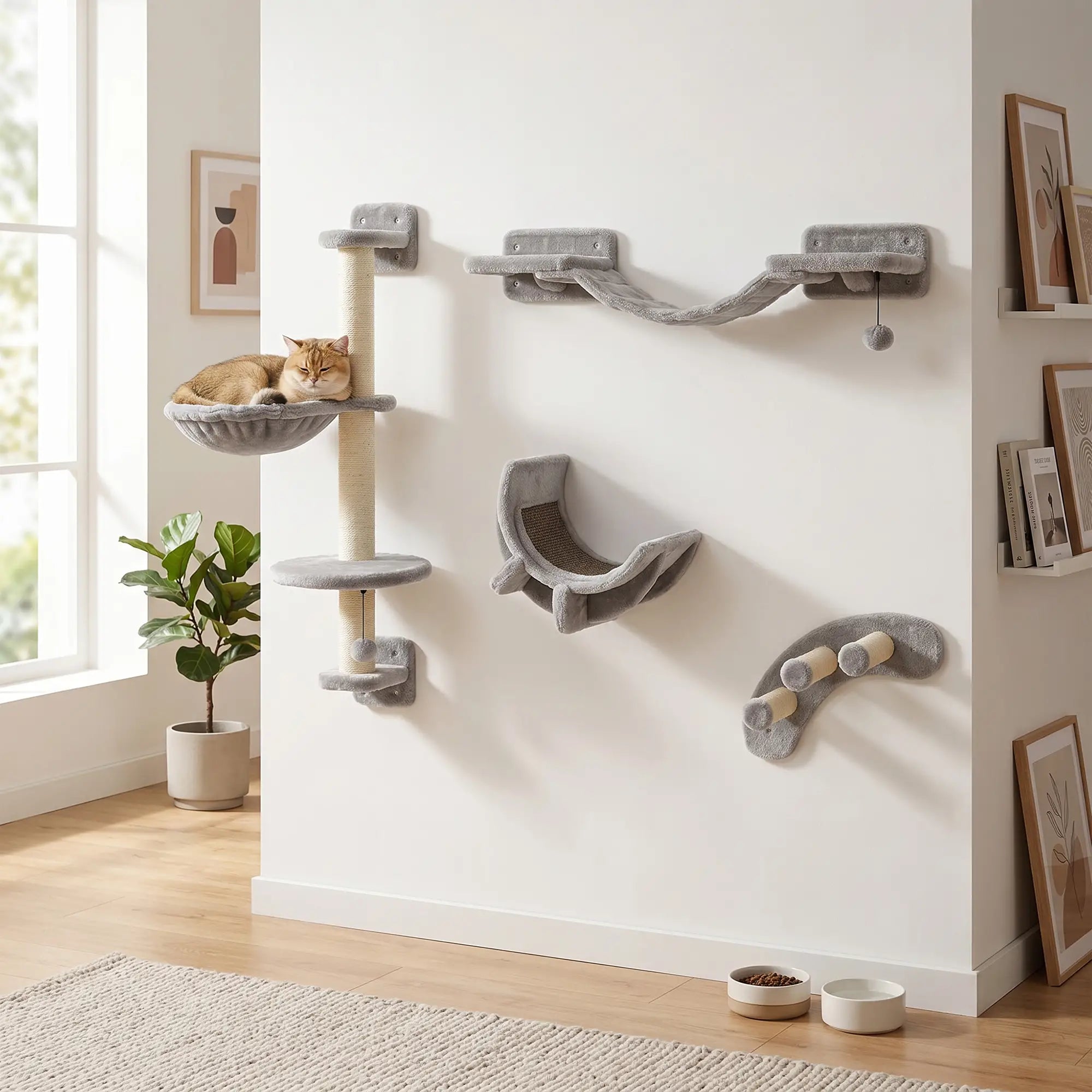 4Pcs Cat Wall Shelf with Scratching Post, Soft Ladder, Hammock, Grey Cat Climbing Wall at Gallery Canada