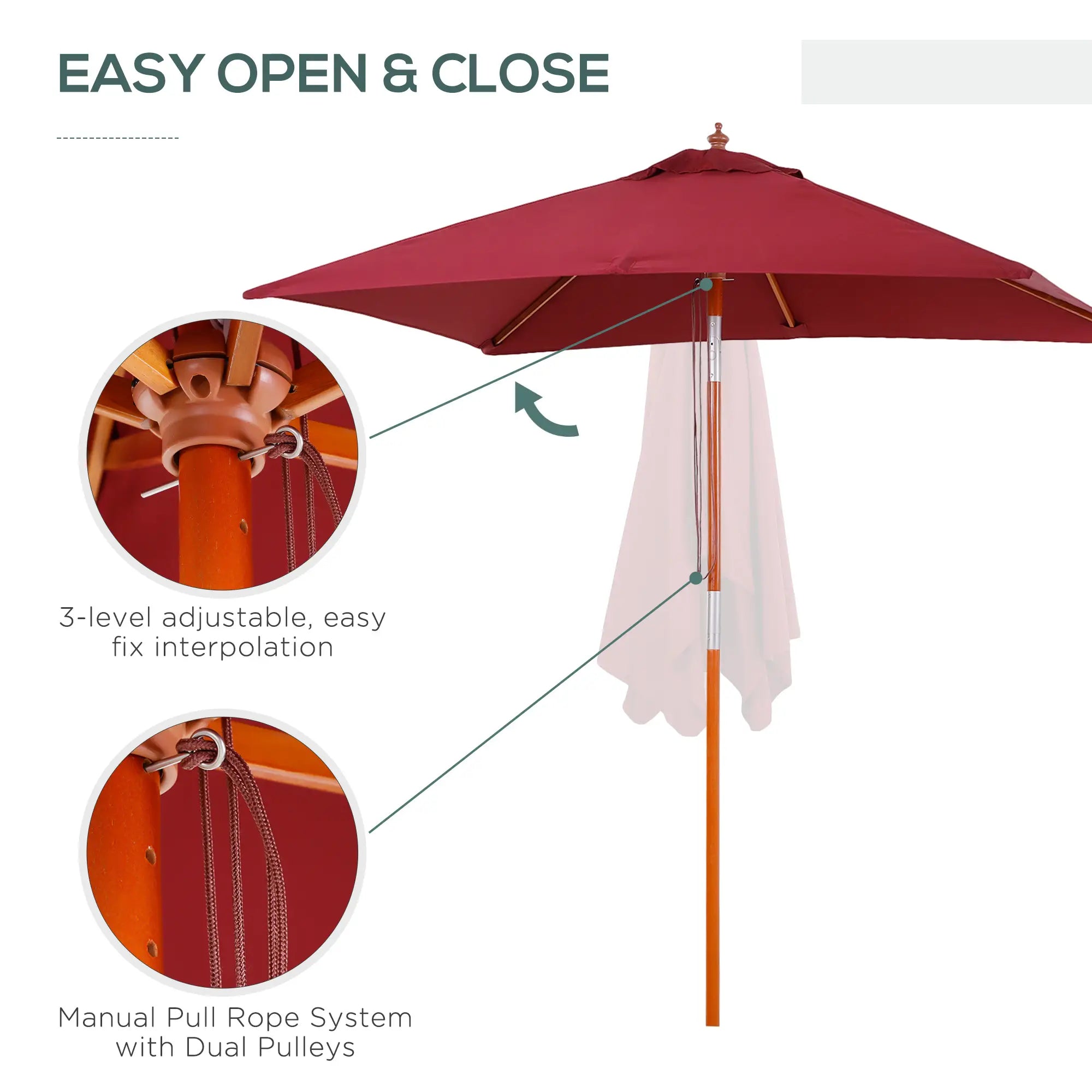 6.6x5ft Square Wooden Patio Umbrella, Tilt Mechanism, 6 Bamboo Ribs, Wine Red Sun Umbrellas at Gallery Canada