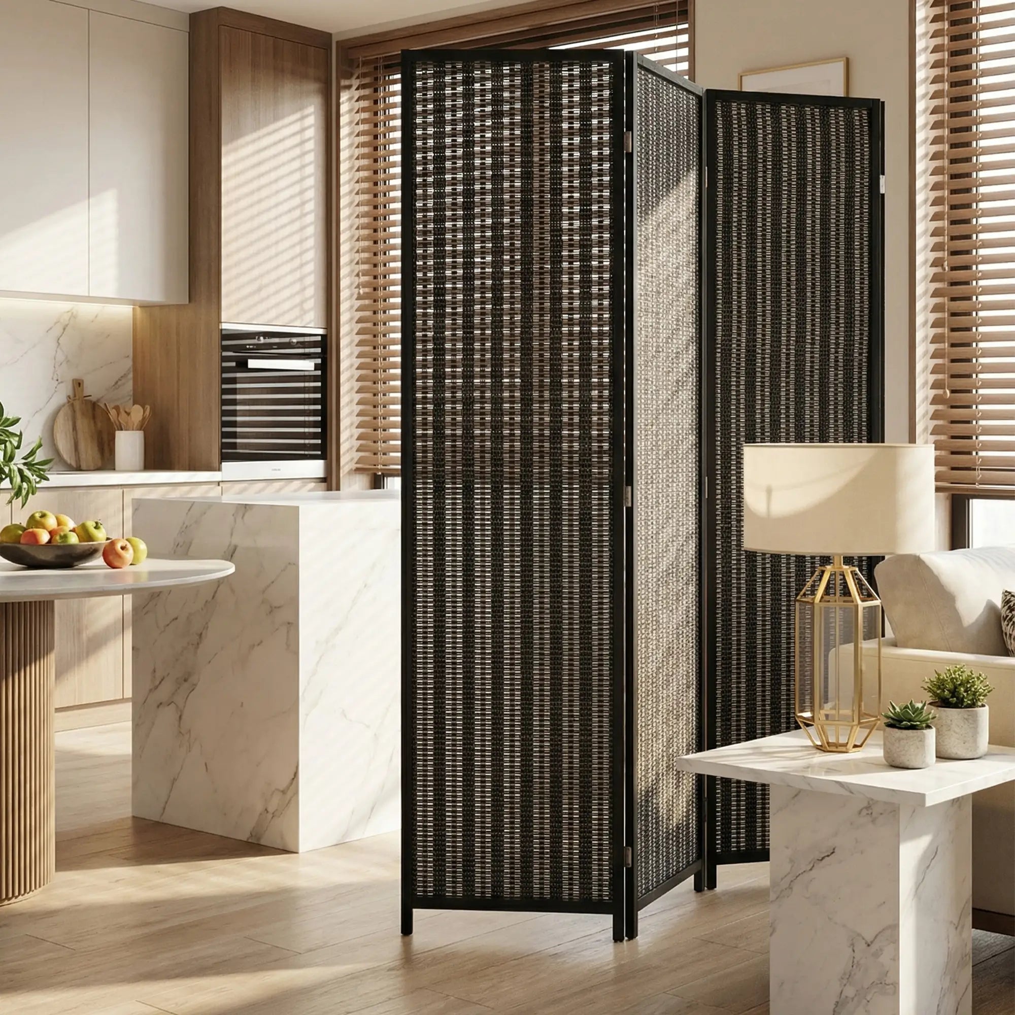 3 Panel Folding Privacy Screen, Handwoven Bamboo Pine Wood Frame, Black Room Dividers at Gallery Canada