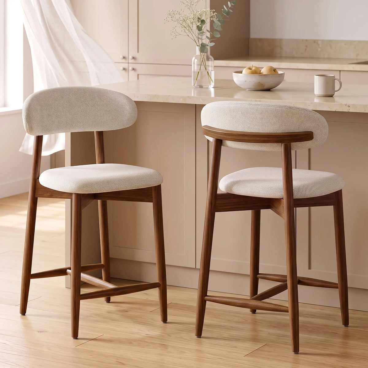 Bar Stools Set Of 2, Cream White, Curved Back Counter Height