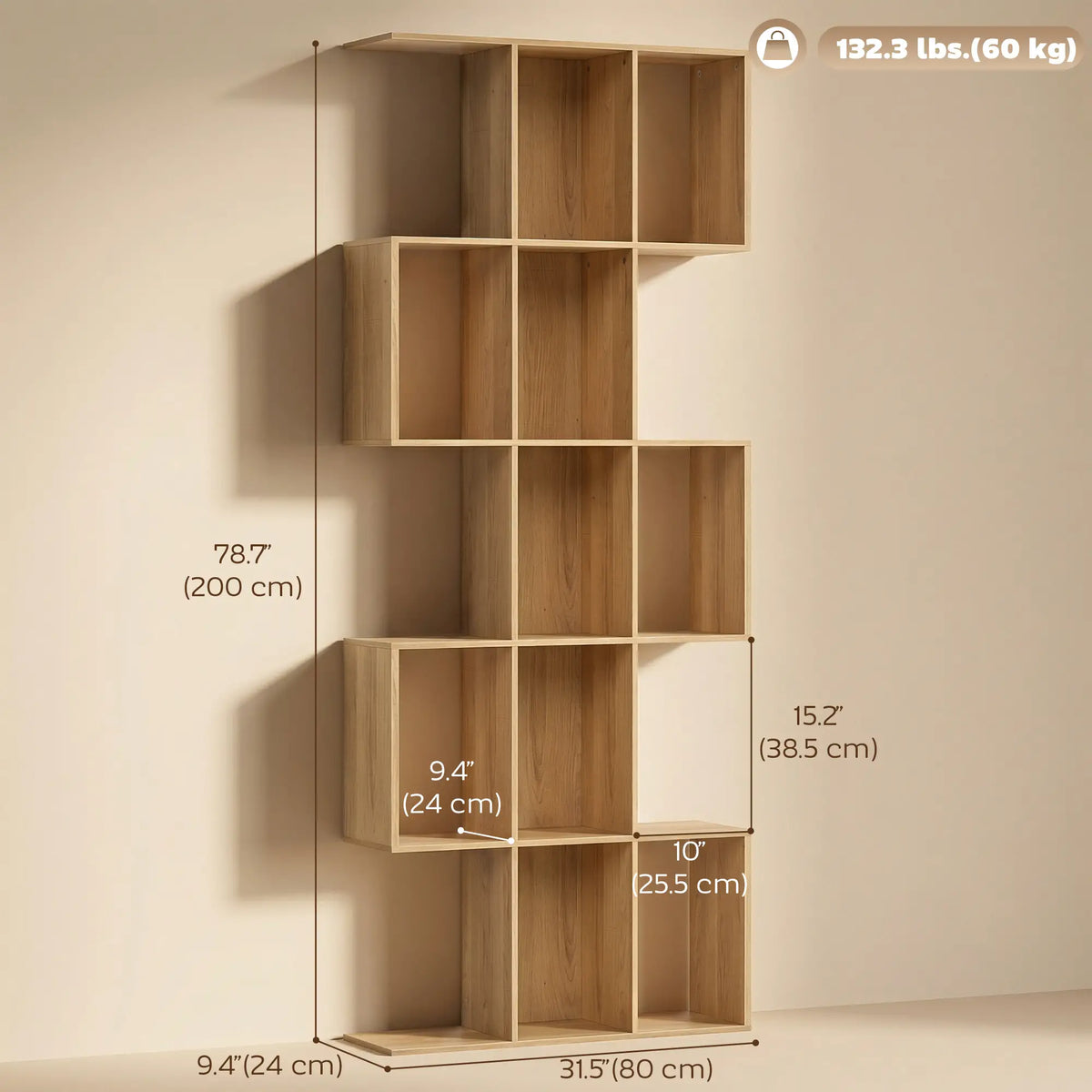 5-Tier S Shaped Geometric Bookcase, 15 Compartments, Oak