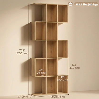 5-Tier S Shaped Geometric Bookcase, 15 Compartments, Oak