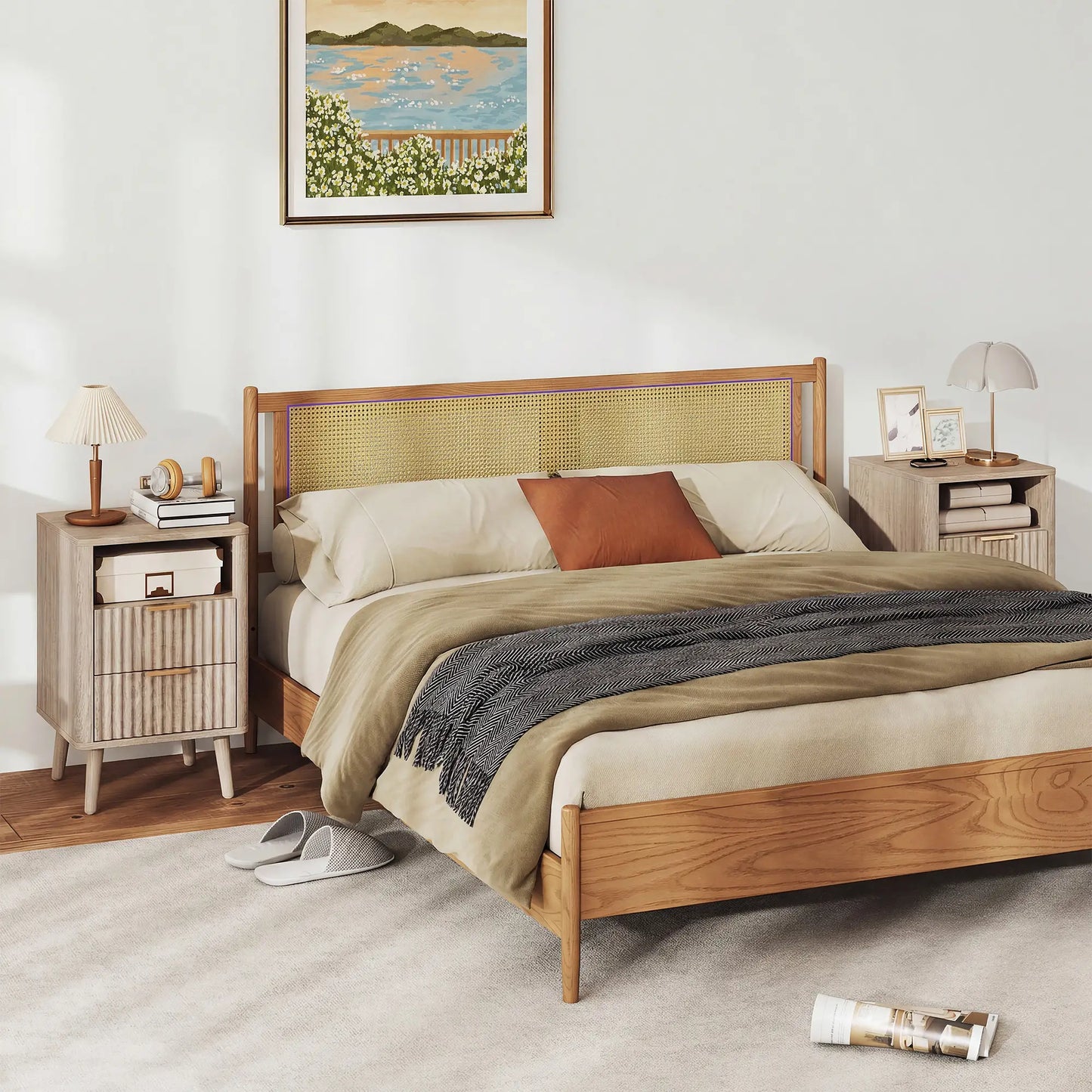 Modern Nightstands Set of 2, Charging Station, 2 Drawers, Open Shelf, Grey Bedside Tables at Gallery Canada