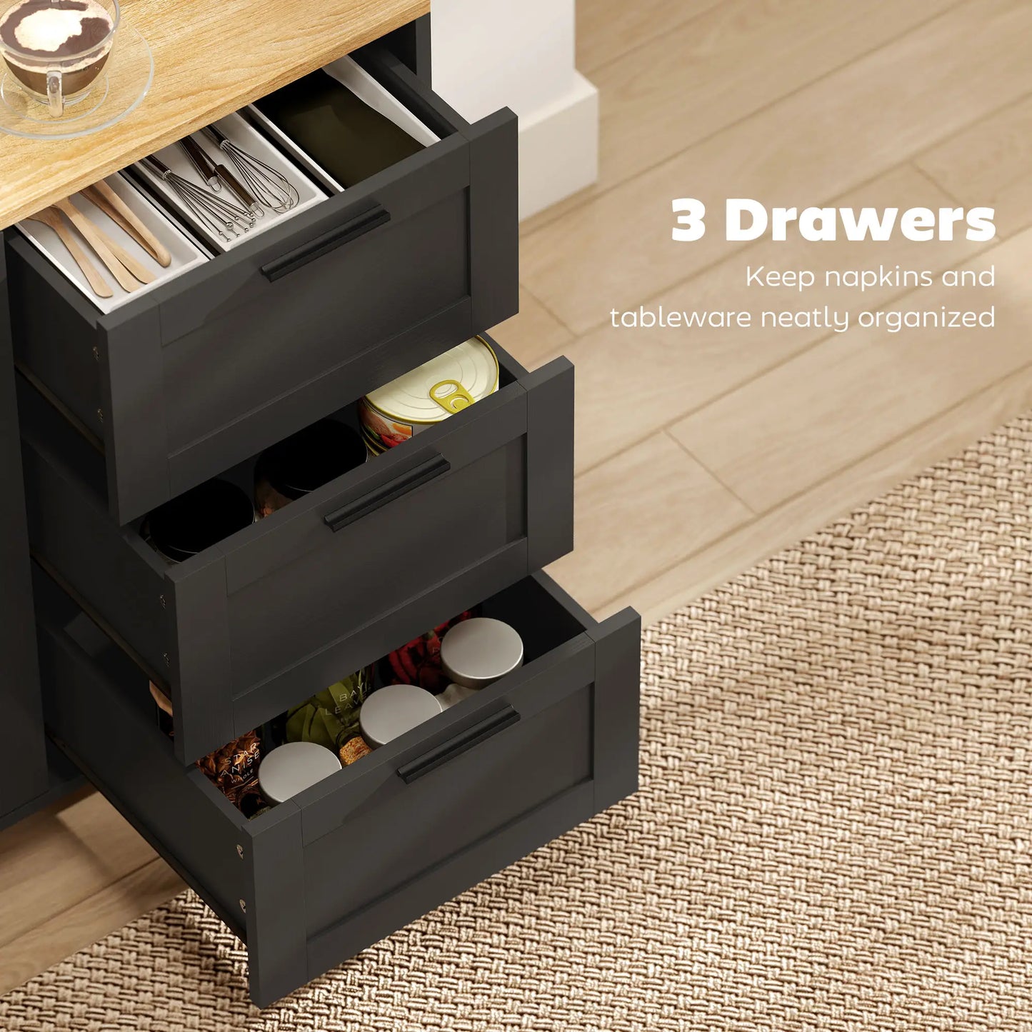 Buffet Cabinet with Soft Close Doors, Modern Sideboard with 3 Drawers, Black Storage Cabinets at Gallery Canada