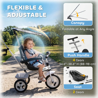 6 in 1 Kids Tricycle, Removable Handlebar, Canopy, White Tricycles for Kids at Gallery Canada