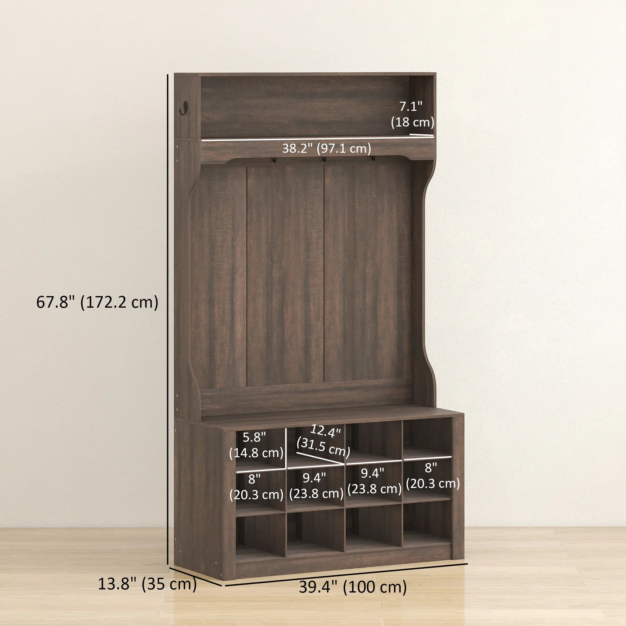 4-In-1 Hall Tree with Bench, Shoe Storage, 12 Cubbies, 6 Hooks, Dark Brown Clothing Storage at Gallery Canada