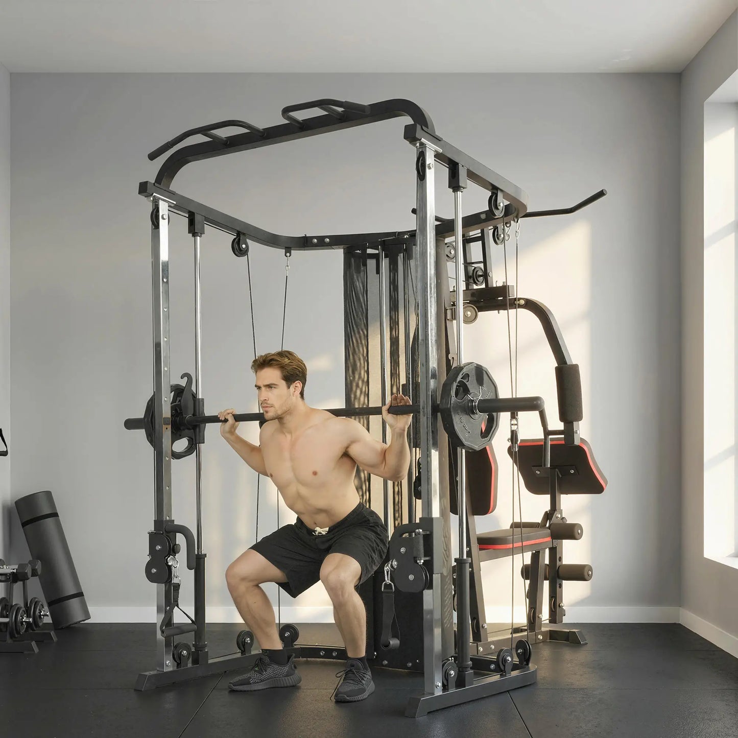 Multi Gym Smith Machine, 143LBS Weight Stack, Cable Pulley System Strength Training Equipment at Gallery Canada