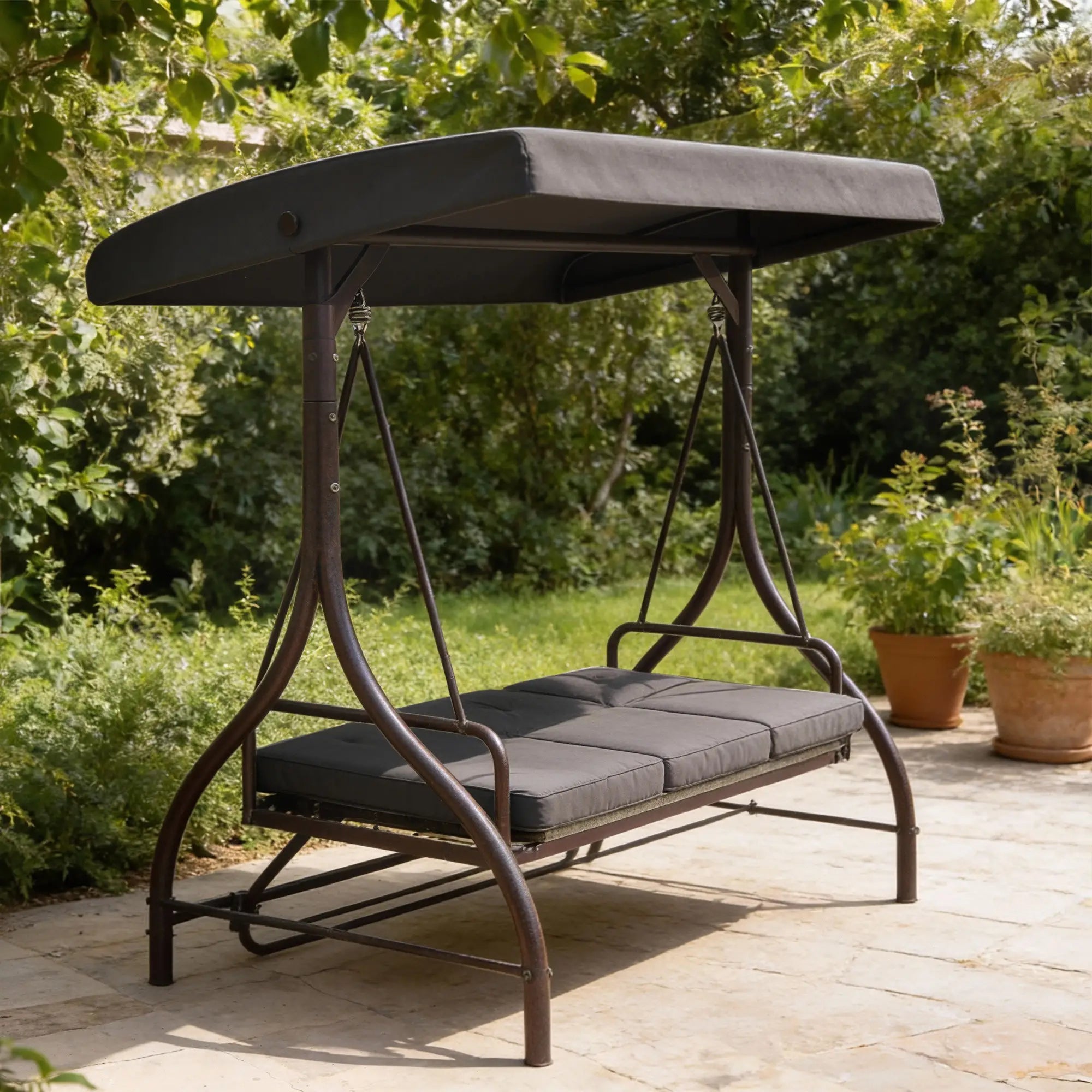 Convertible Patio Swing Bed With Canopy, Cushions, 3 Seater, Dark Grey Patio Swings with Stand at Gallery Canada