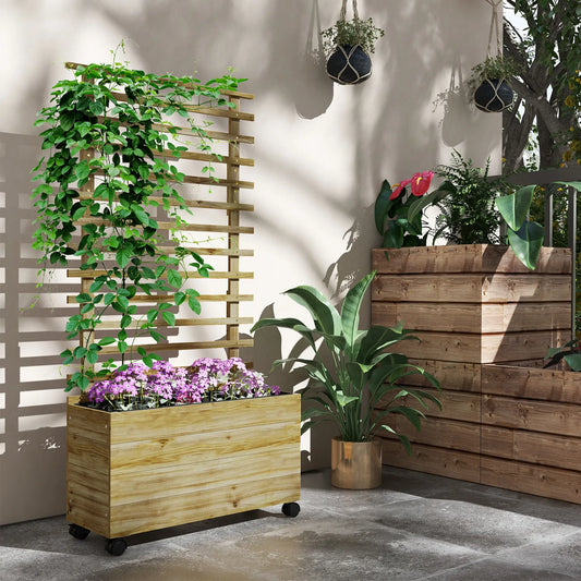 Wooden Planter With Trellis, Raised Garden Bed, 30" x 12" x 61", Nature Wood Wooden Planter Boxes Natural at Gallery Canada