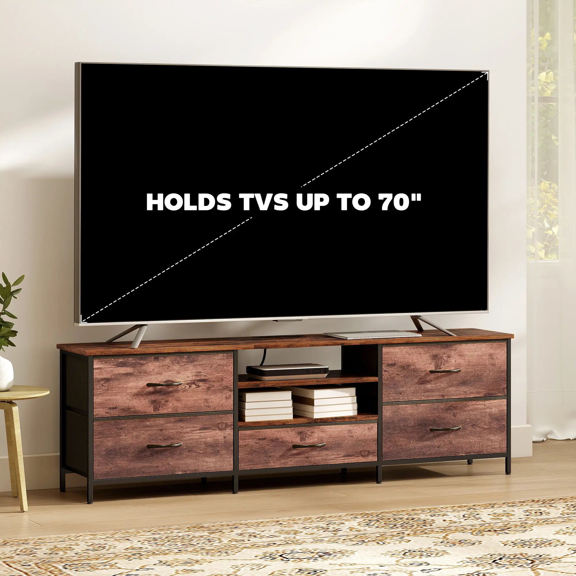 TV Stand For 70 Inch TVs, Industrial Console With Charging Station, 5 Drawers, Rustic Brown TV Stands at Gallery Canada