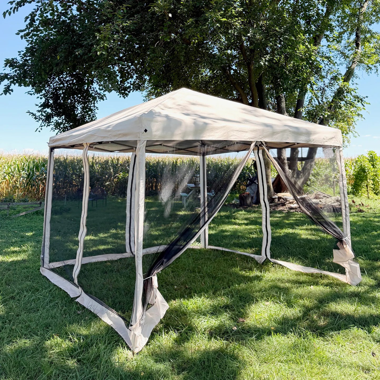 10' x 10' Pop Up Canopy Tent, Removable Mesh Sidewall, Carry Bag, Beige Pop Up Canopies at Gallery Canada