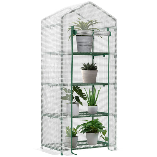 28" x 20" x 63" Portable Greenhouse, 4 Tier Shelves, Steel Frame, PE Cover, White Walk In Greenhouses Dark Green, White at Gallery Canada