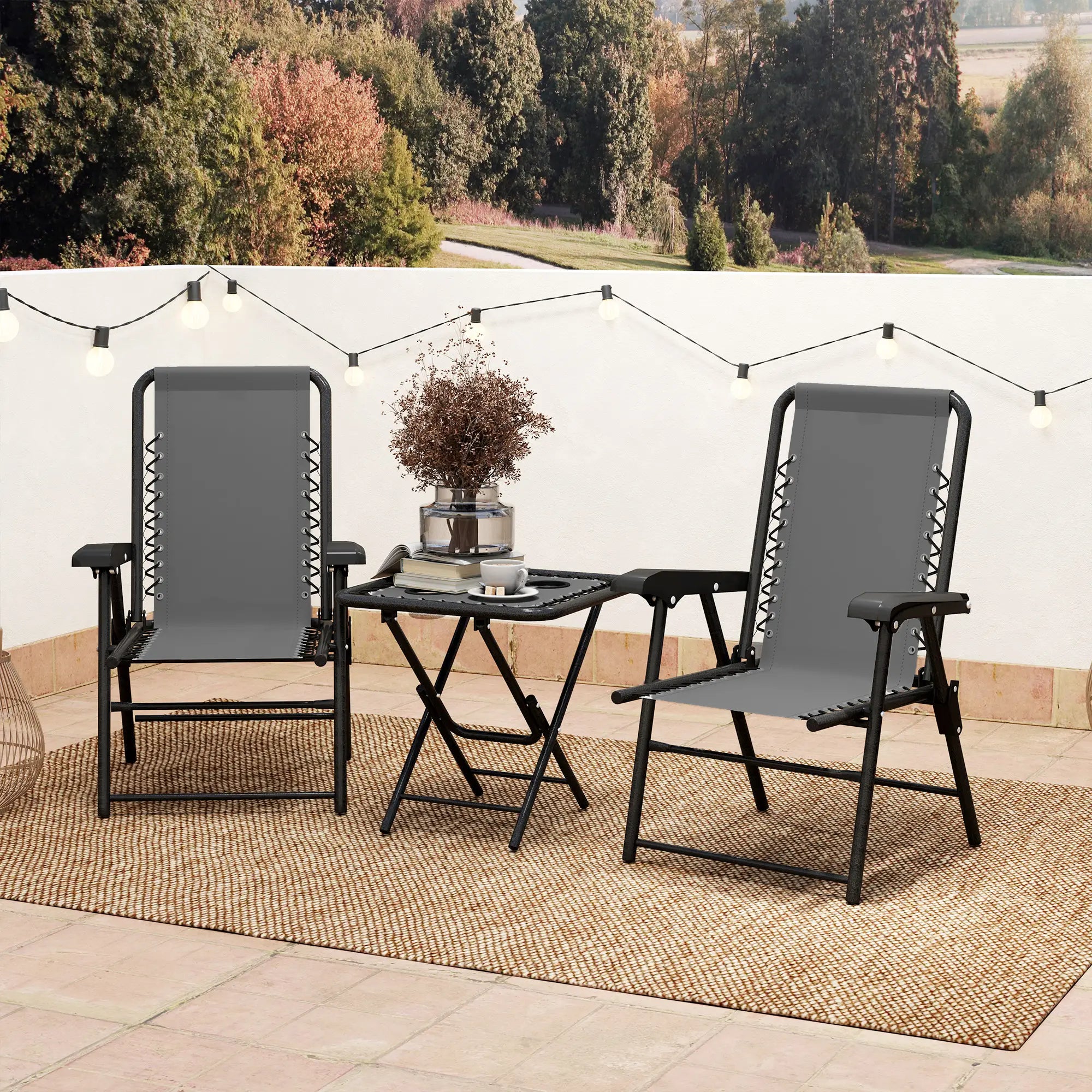 3 Piece Patio Bistro Set, Outdoor Folding Table And Chairs, Metal Furniture With Cup Holders Bistro Sets at Gallery Canada
