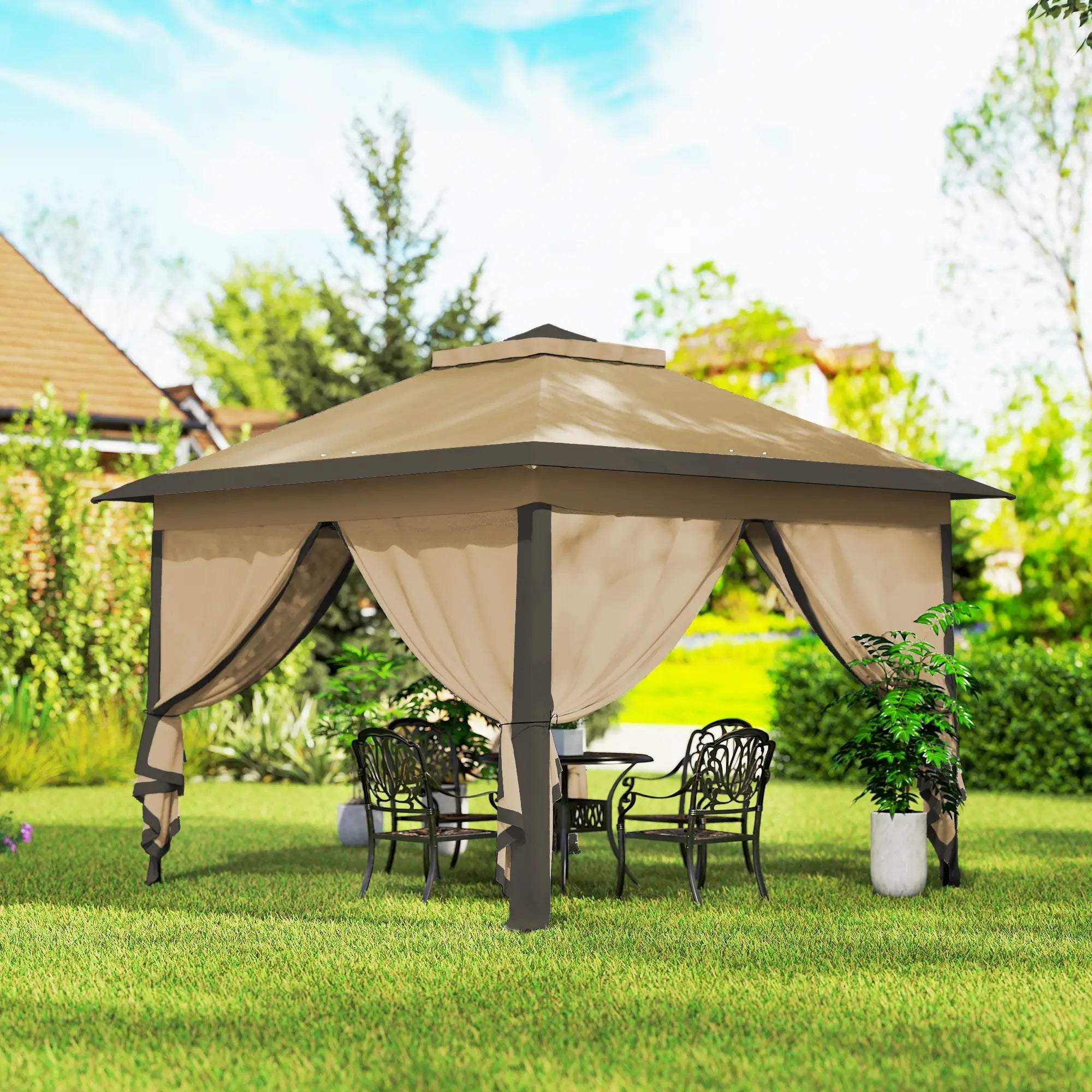 11' x 11' Pop Up Gazebo, Double Roof, Foldable, Adjustable, Beige Pop Up Canopies at Gallery Canada