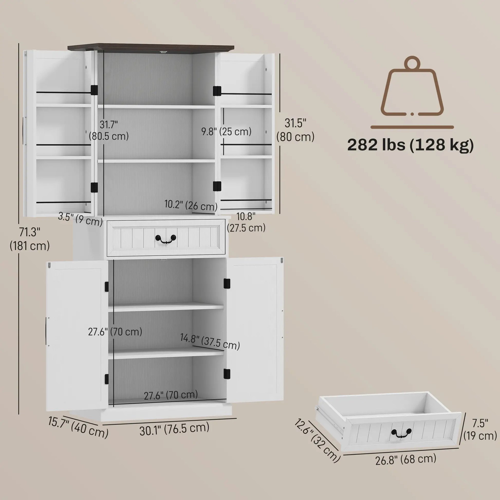 71" LED Kitchen Pantry Cabinet, Farmhouse Storage, Distressed White, White Kitchen Pantry Cabinets at Gallery Canada