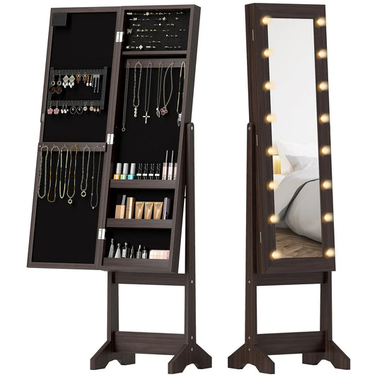 Lighted Mirrored Jewelry Cabinet, Angle Adjustable, 16 LED Lights, Dark Brown Jewellery Armoire & Jewellery Mirror Cabinets Dark Brown at Gallery Canada