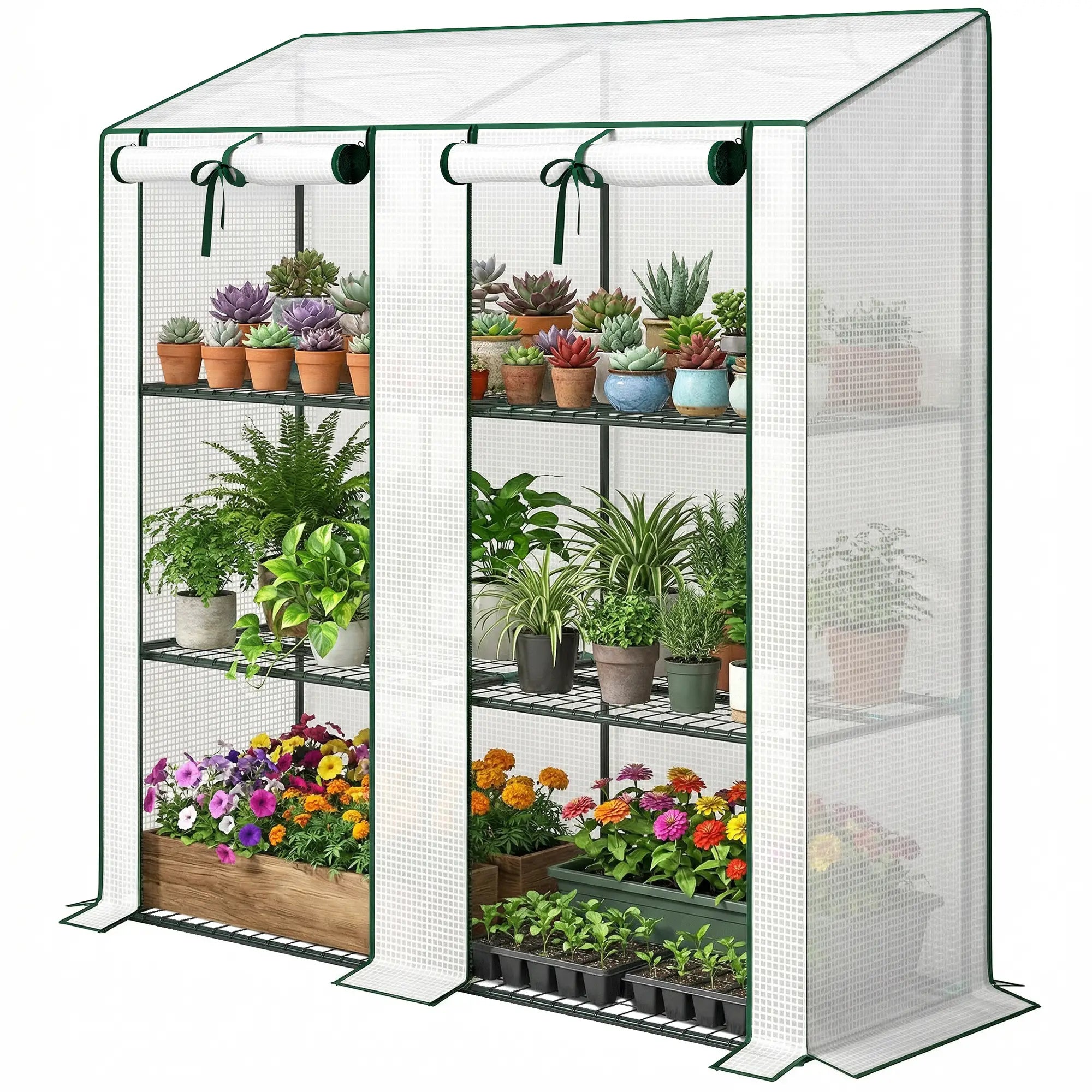 Portable Mini Greenhouse, 3 Tier Shelves, Reinforced PE Cover, 56.3