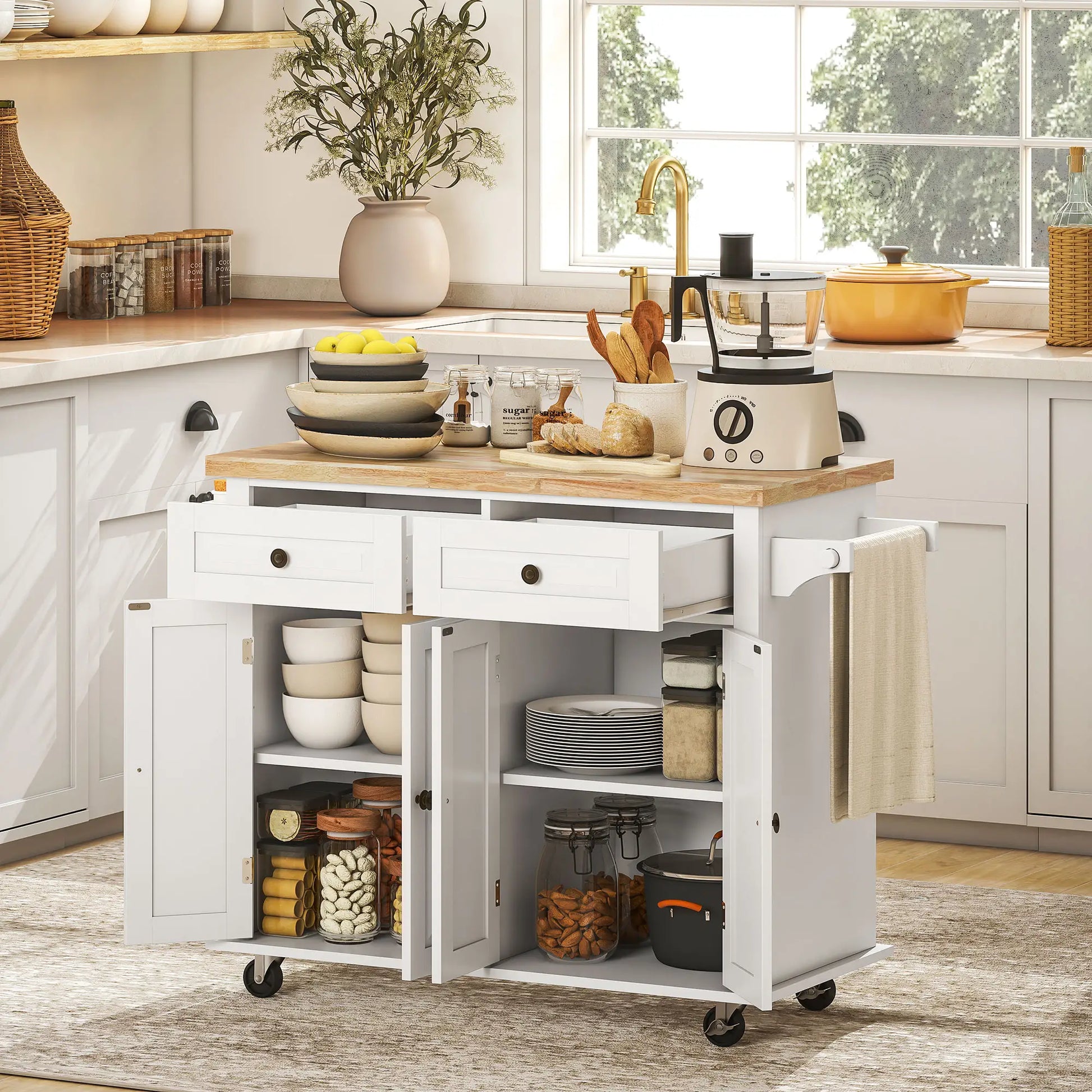Kitchen Island with Storage, Rolling Trolley Cart with Rubber Wood Top, Spice Rack, Towel Rack, Grey Kitchen Islands & Kitchen Carts at Gallery Canada