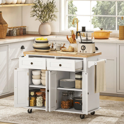 Kitchen Island with Storage, Rolling Trolley Cart with Rubber Wood Top, Spice Rack, Towel Rack, Grey