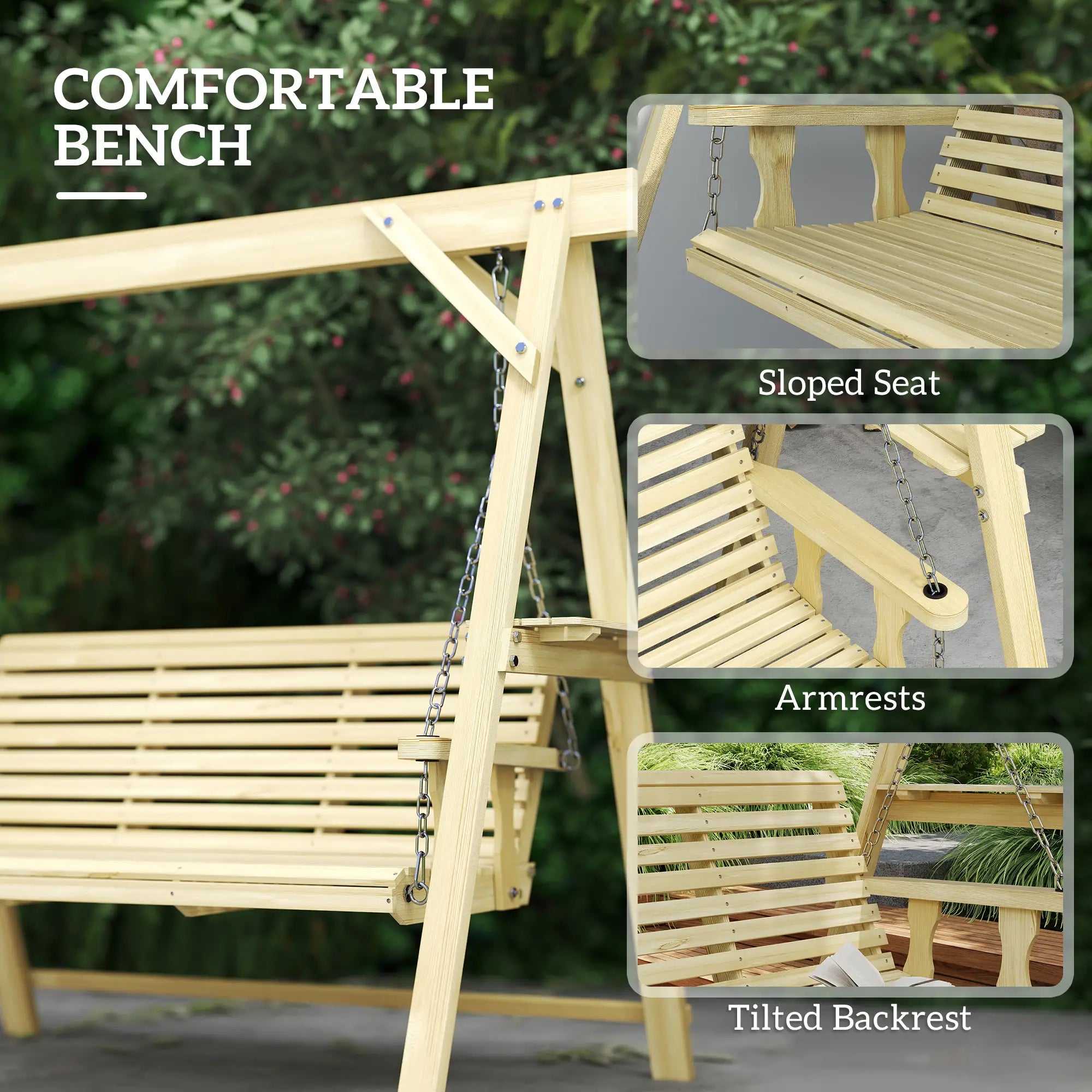 3 Seat Wooden Porch Swing With Stand, Natural Wood Patio Swings with Stand at Gallery Canada