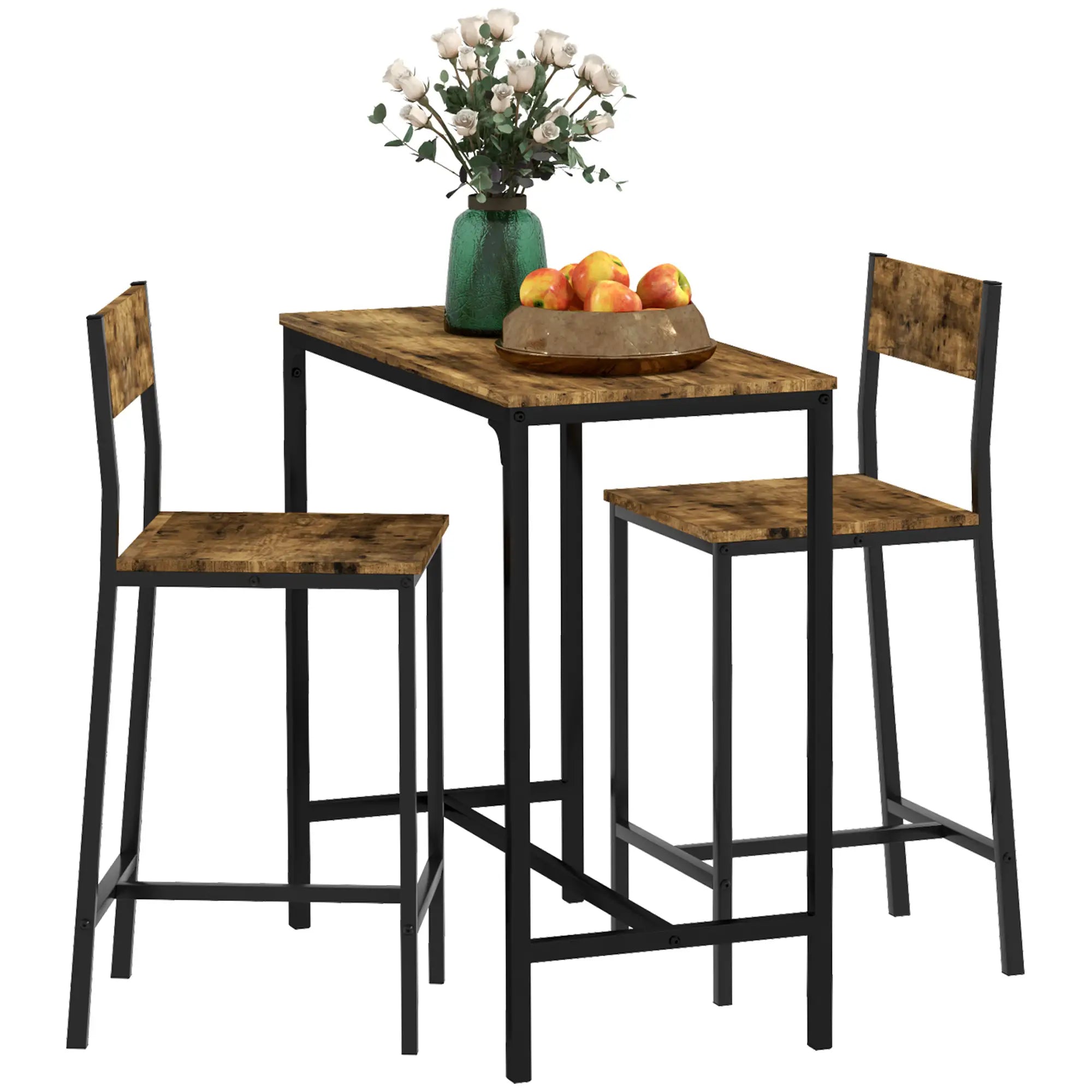Industrial Bar Table Set, 3 Piece, 2 High Back Stools, Rustic Brown Bar Sets at Gallery Canada