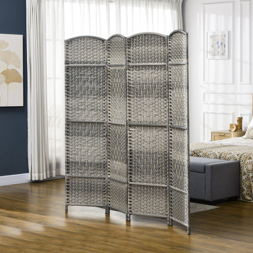6 Ft Tall Folding Room Divider, 4 Panel Portable Privacy Screen, Hand-Woven Partition Wall Divider, Mixed Grey