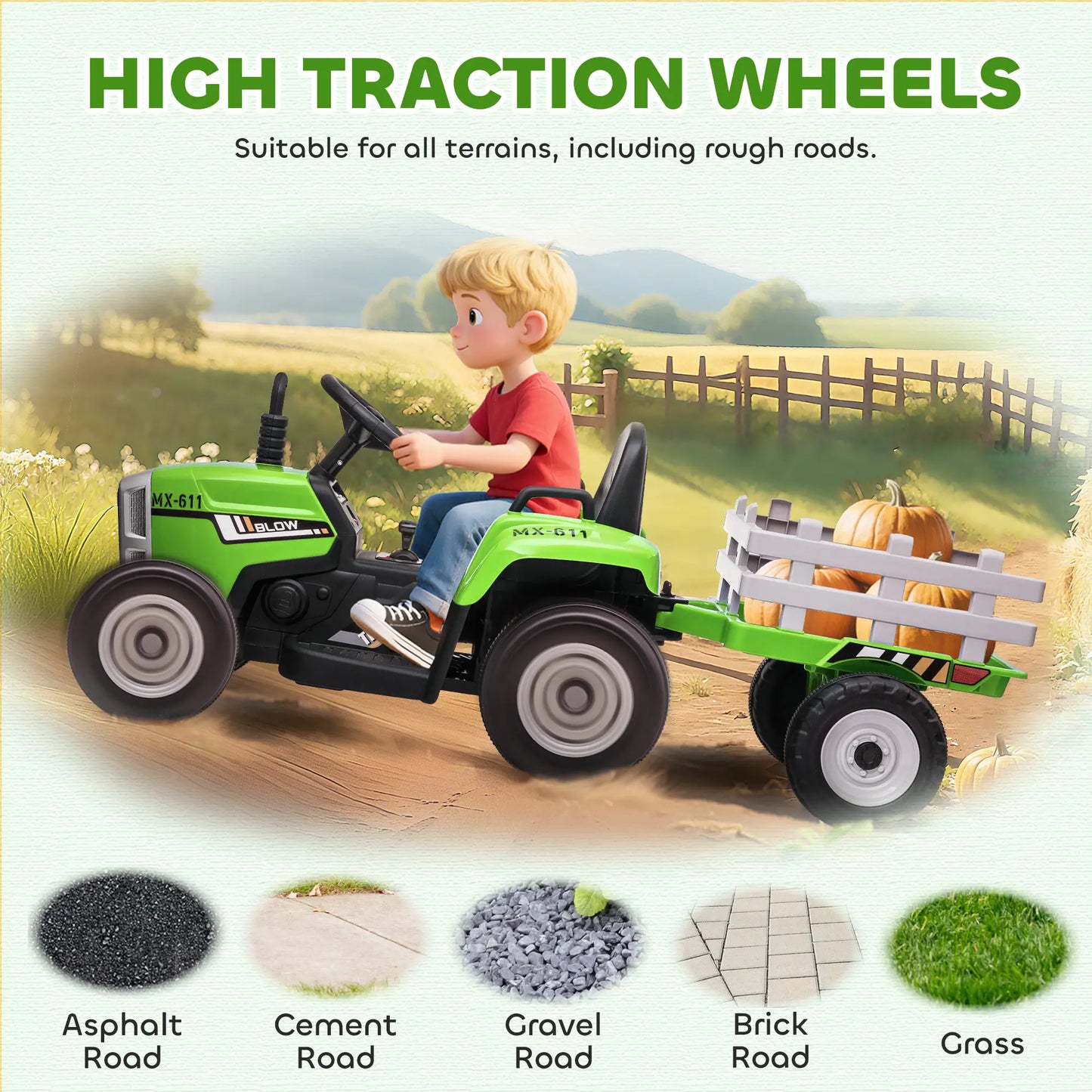 12V Kids Ride on Tractor with Trailer, Remote Control, Music, LED Lights, Green Electric Toy Cars at Gallery Canada